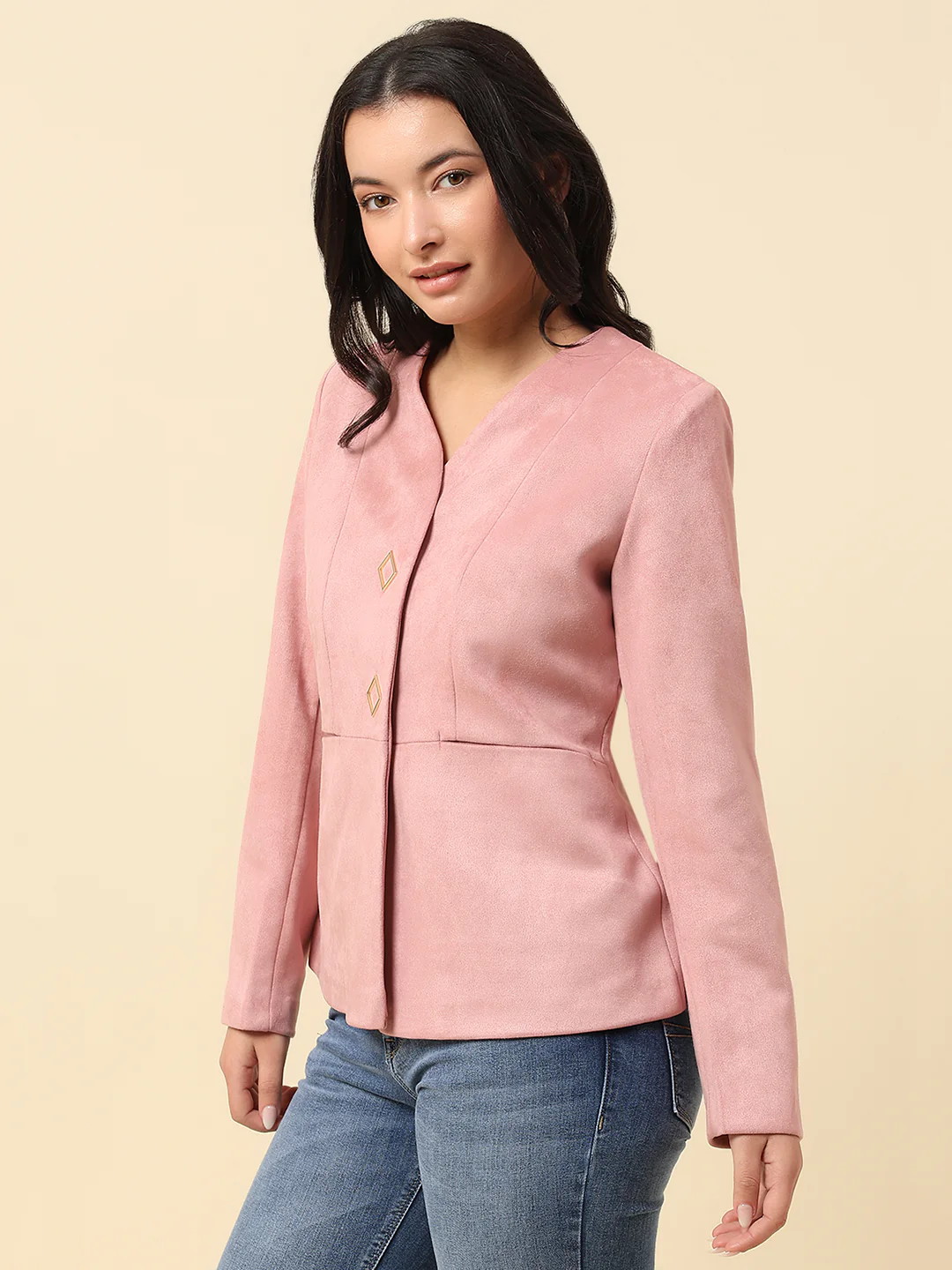 Blazer for Women | Premium Casual Blazer Regular Fit V-Neck Suede Fabric Solid Pattern - Image 3