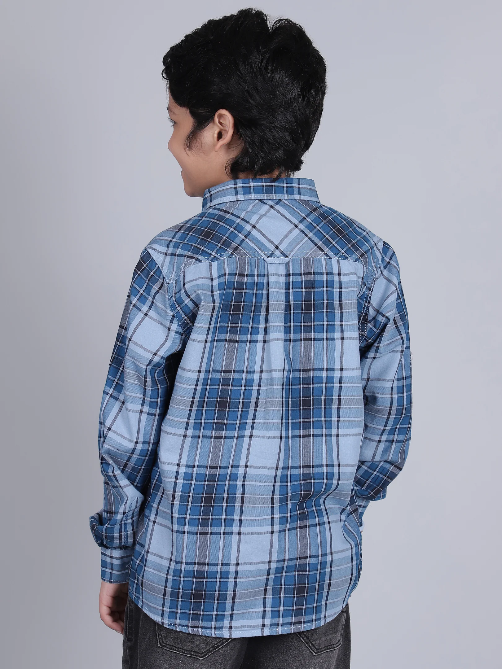 Boys Checkered Blue Full Sleeves Spread Collar Casual Shirt - Image 3