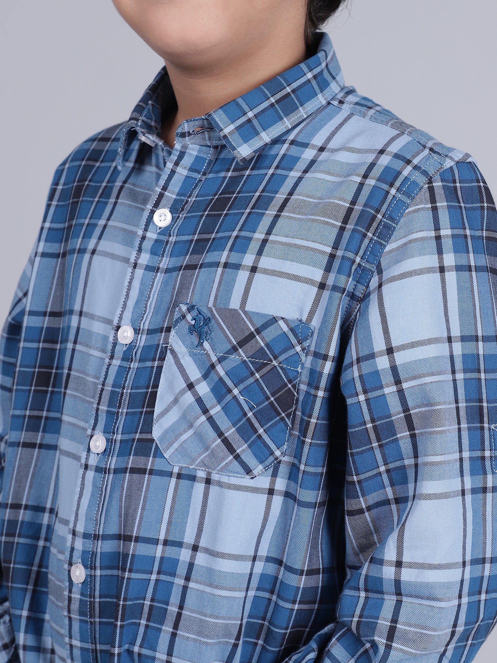 Boys Checkered Blue Full Sleeves Spread Collar Casual Shirt - Image 6