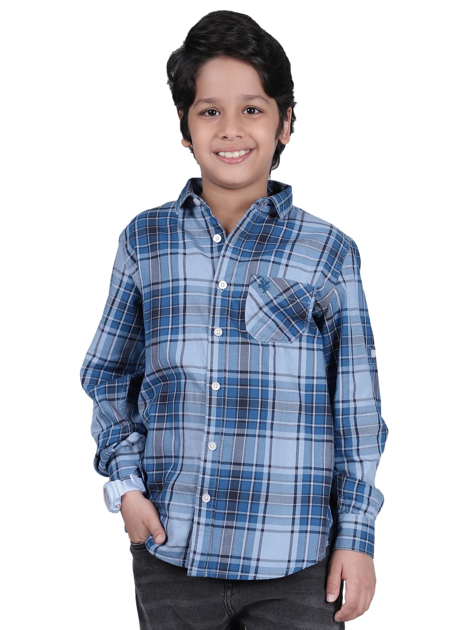 Boys Checkered Blue Full Sleeves Spread Collar Casual Shirt - Image 7