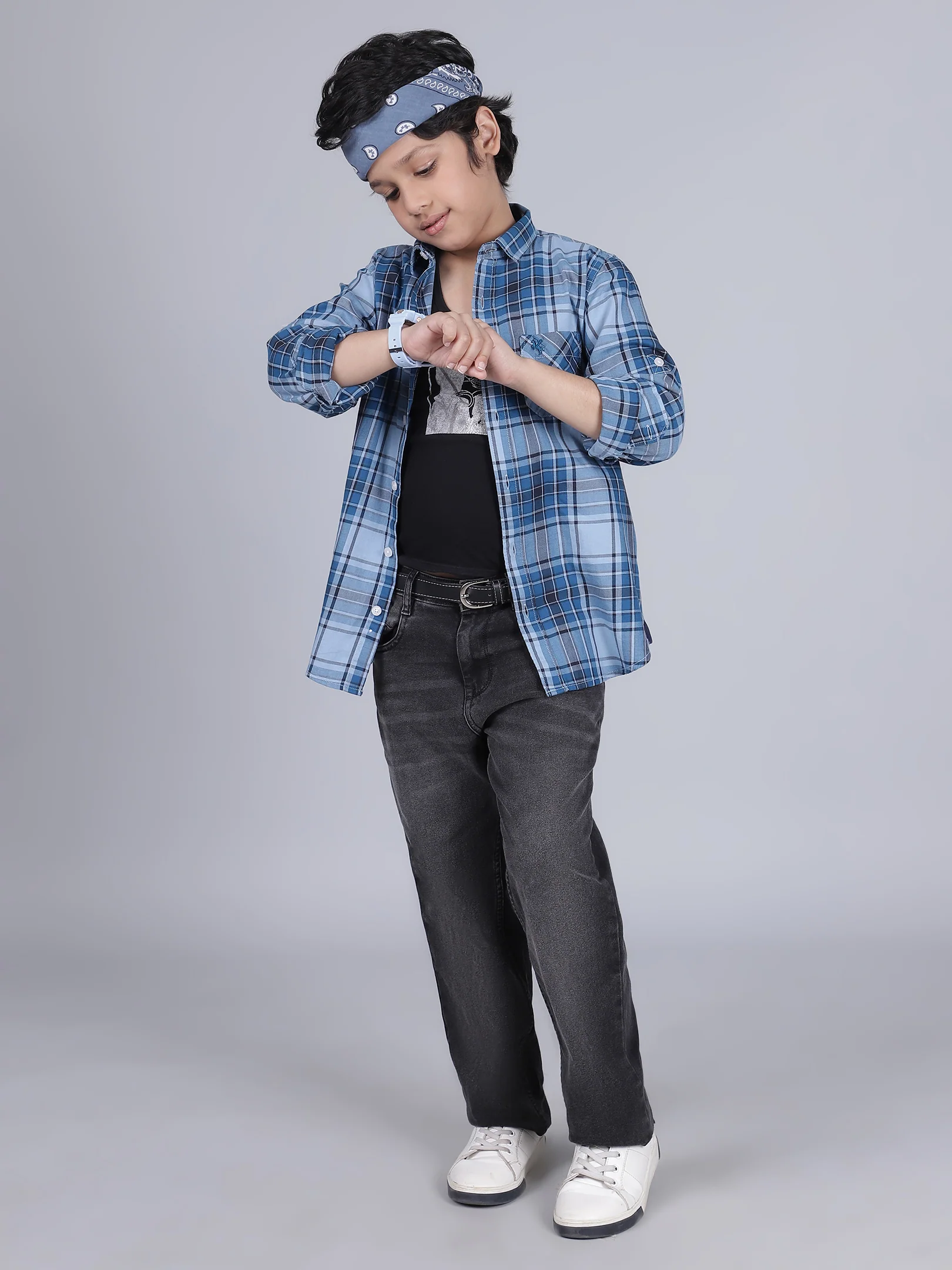 Boys Checkered Blue Full Sleeves Spread Collar Casual Shirt - Image 8