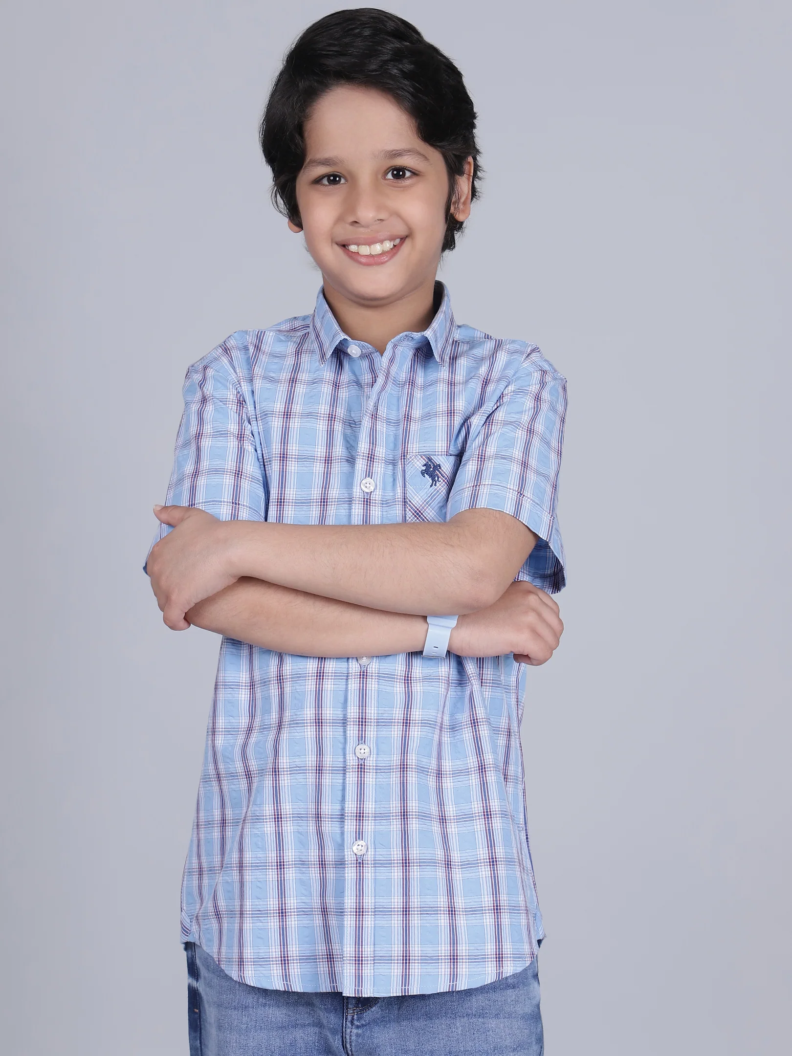 Boys Checkered Blue Half Sleeves Spread Collar Casual Shirt - Image 2