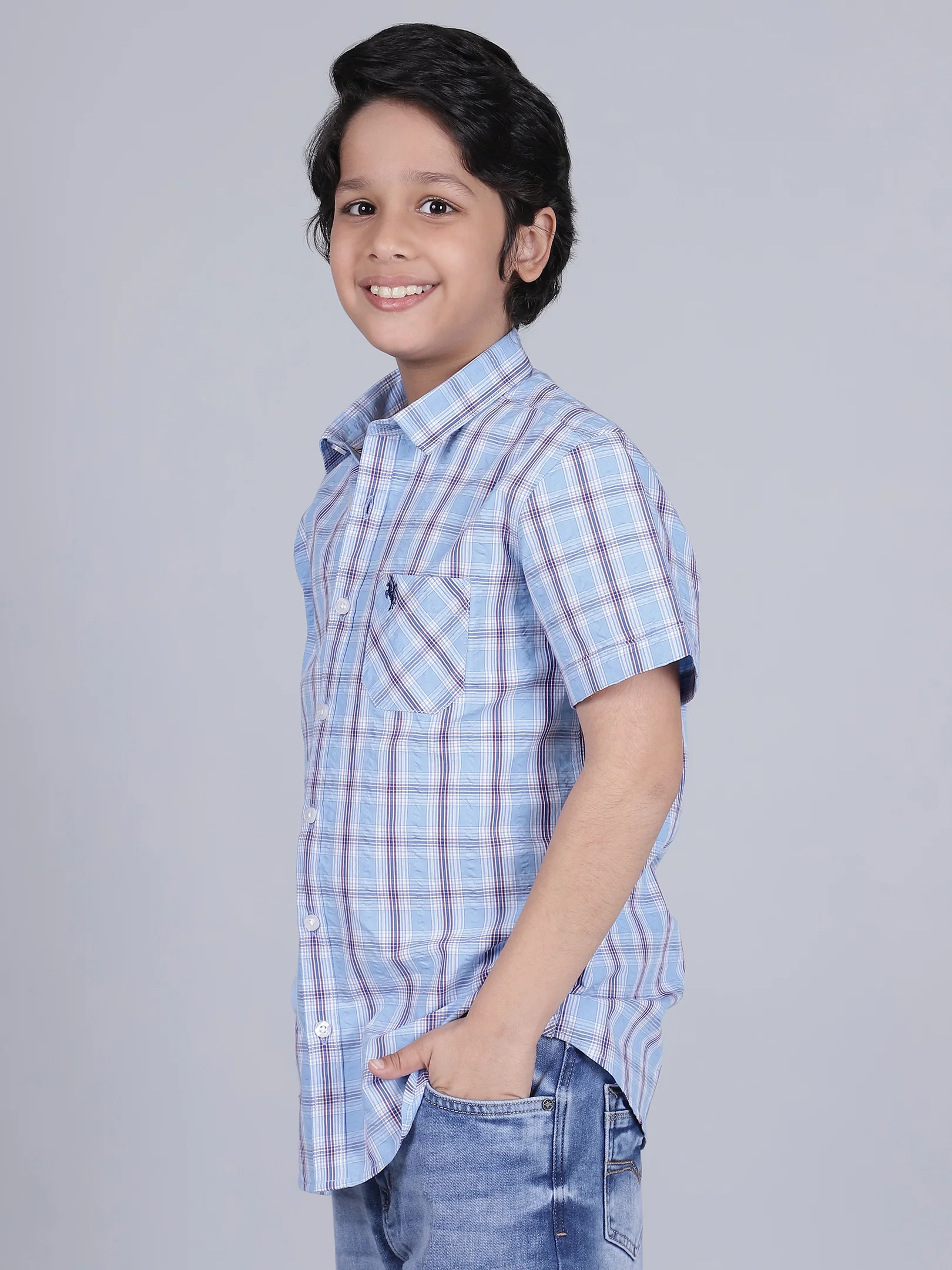 Boys Checkered Blue Half Sleeves Spread Collar Casual Shirt - Image 3