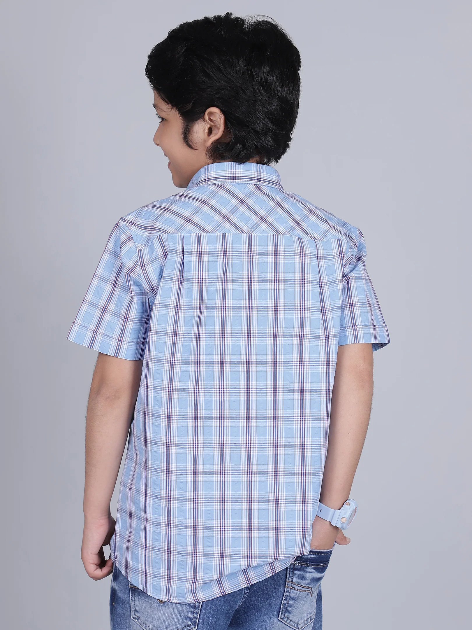 Boys Checkered Blue Half Sleeves Spread Collar Casual Shirt - Image 4
