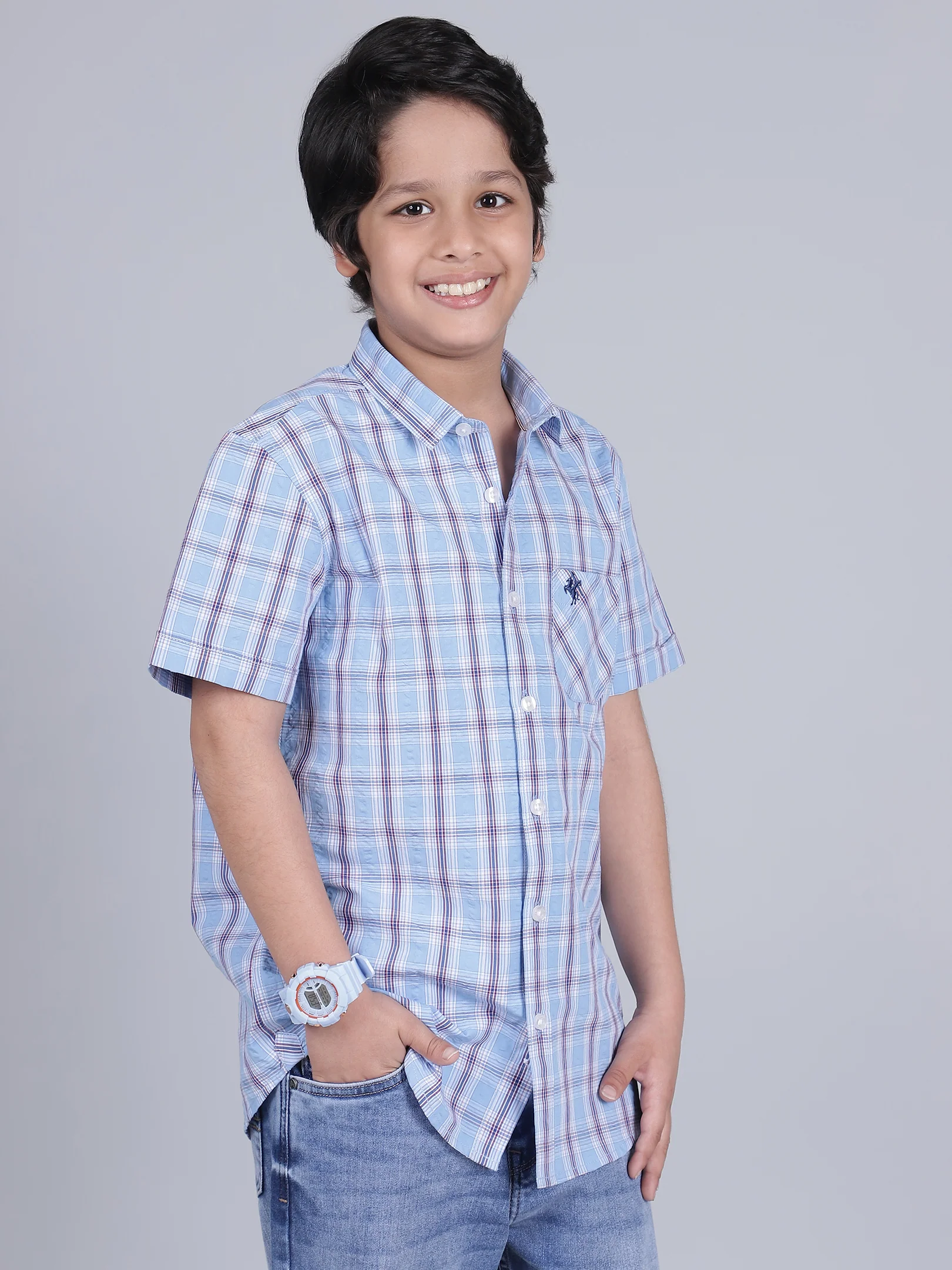 Boys Checkered Blue Half Sleeves Spread Collar Casual Shirt - Image 5