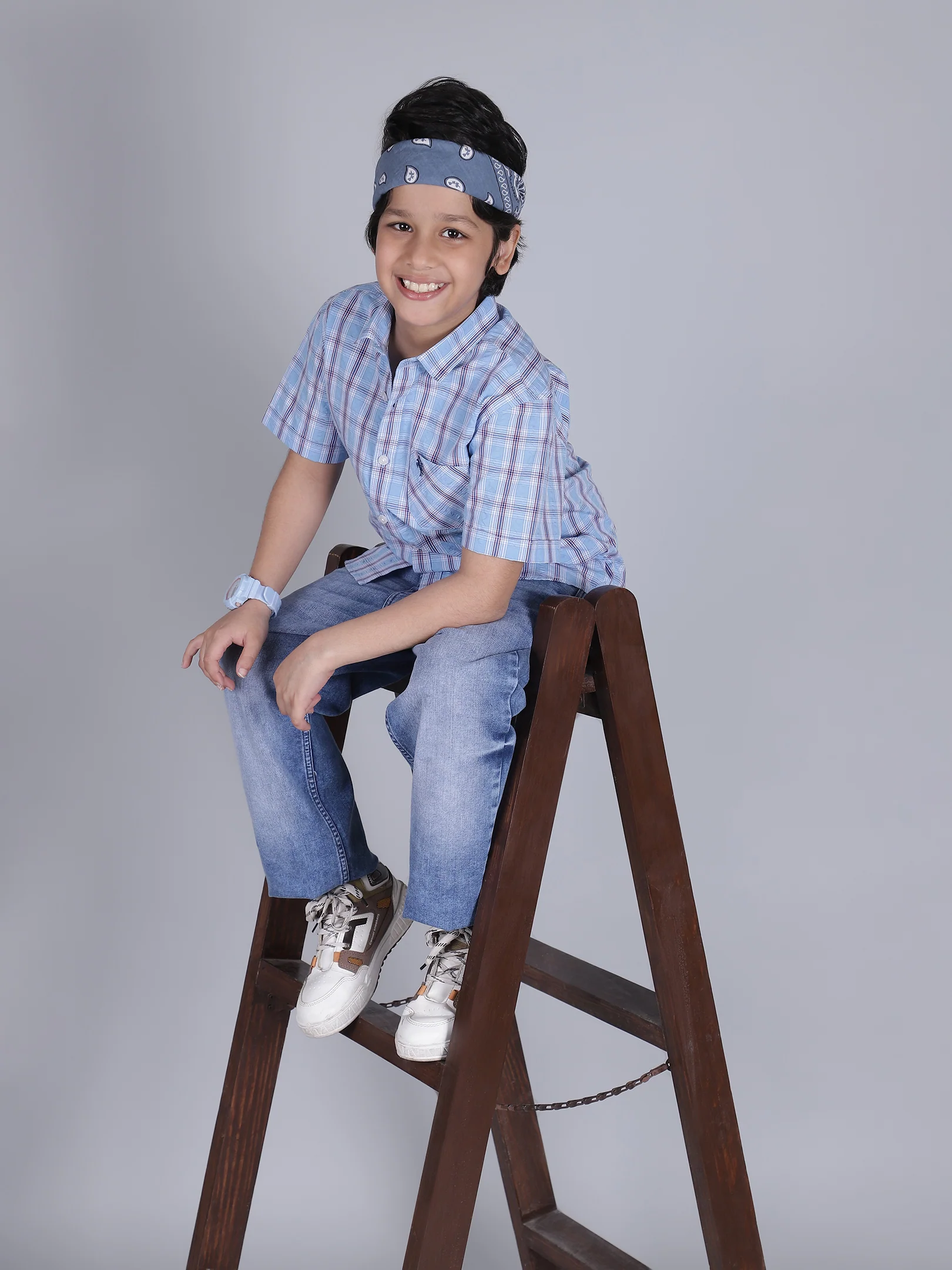 Boys Checkered Blue Half Sleeves Spread Collar Casual Shirt - Image 6