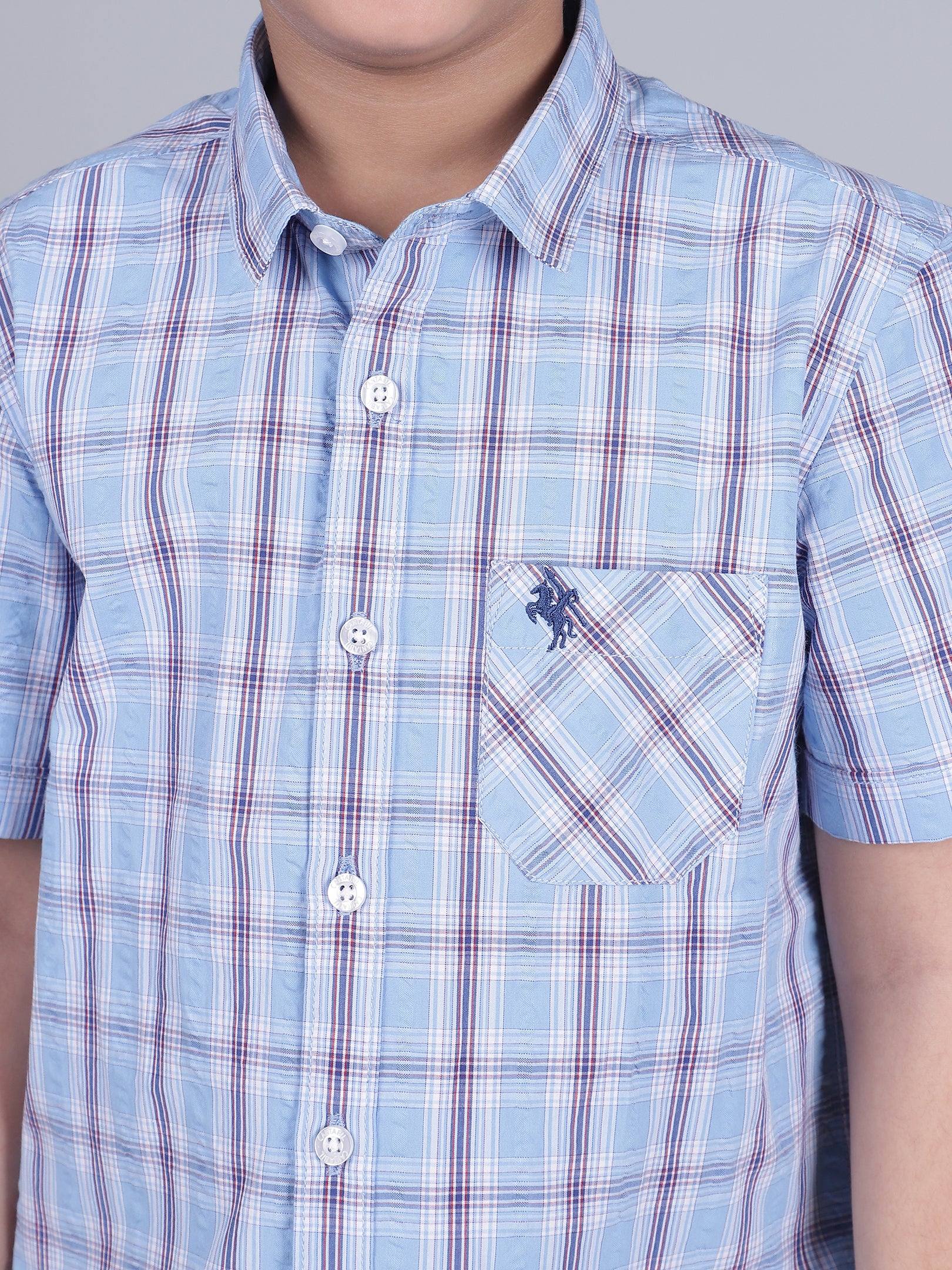 Boys Checkered Blue Half Sleeves Spread Collar Casual Shirt - Image 7