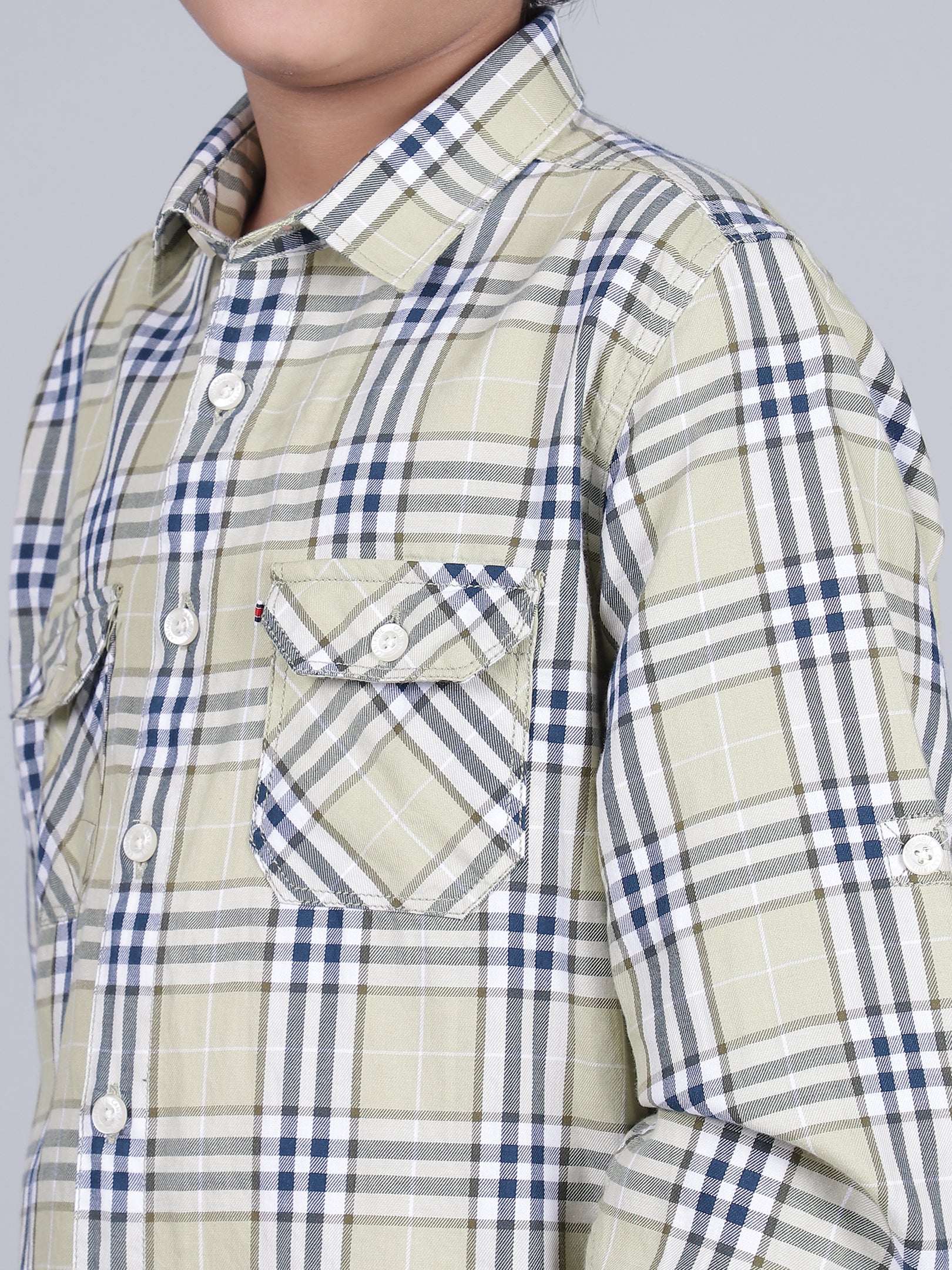 Boys Checkered Green Full Sleeves Spread Collar Casual Shirt - Image 6
