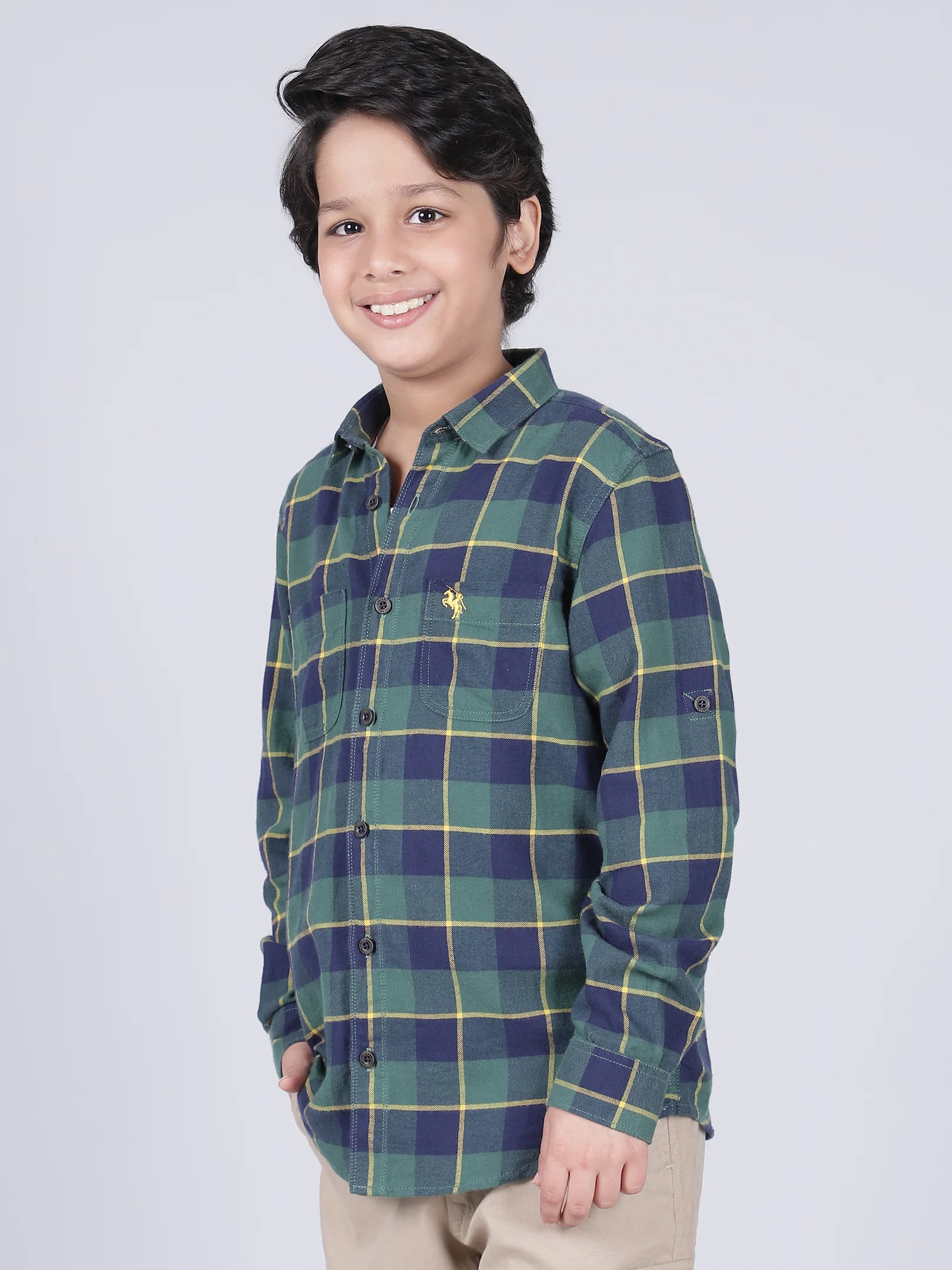 Boys Checkered Green Full Sleeves Spread Collar Casual Shirt - Image 2
