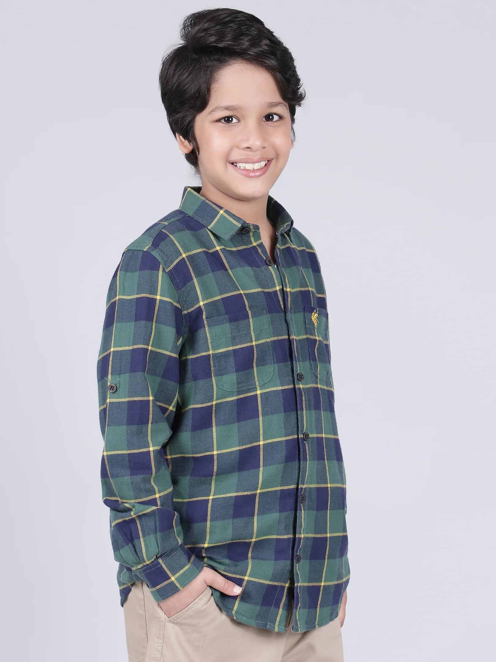 Boys Checkered Green Full Sleeves Spread Collar Casual Shirt - Image 4