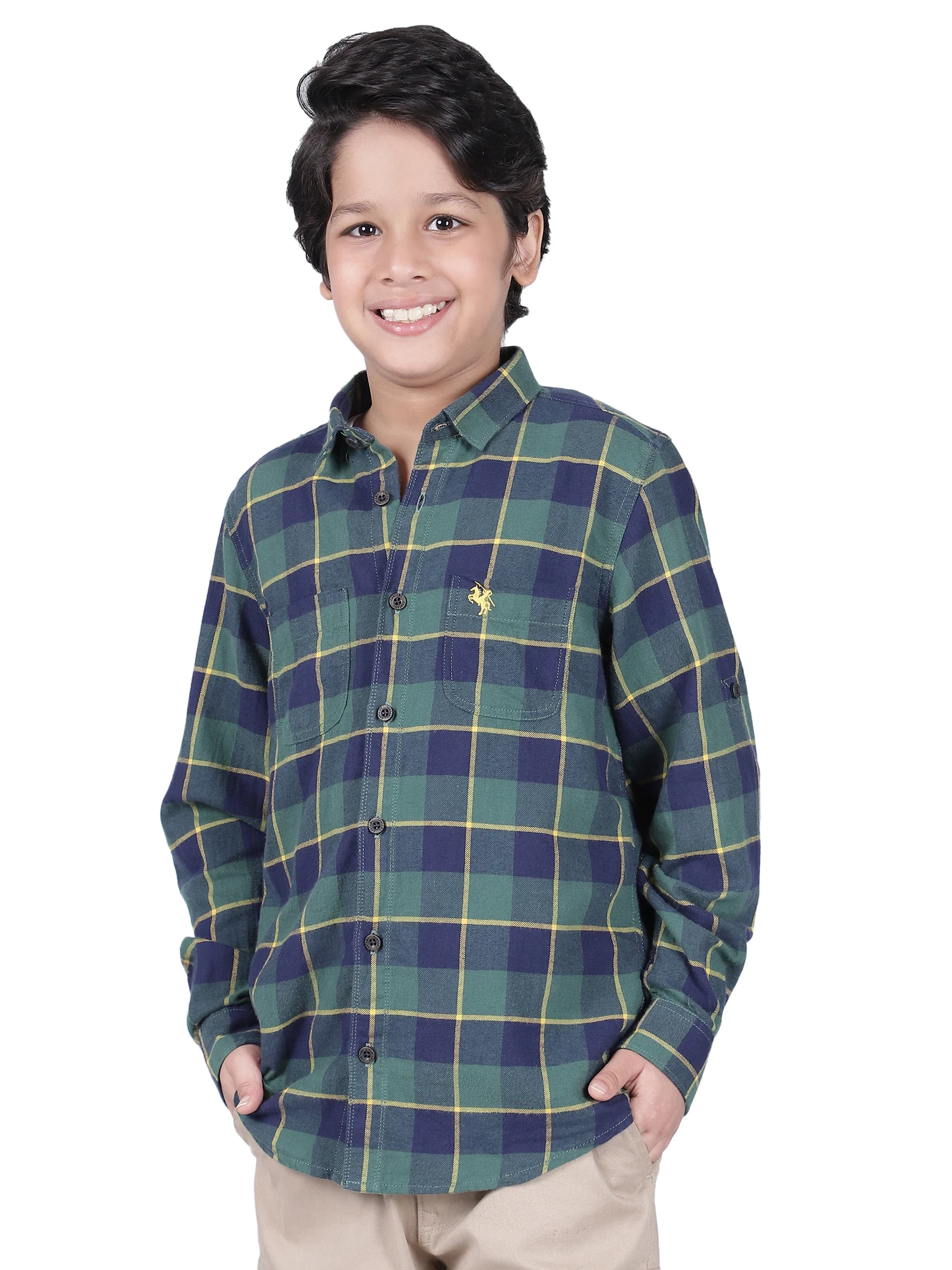 Boys Checkered Green Full Sleeves Spread Collar Casual Shirt - Image 7