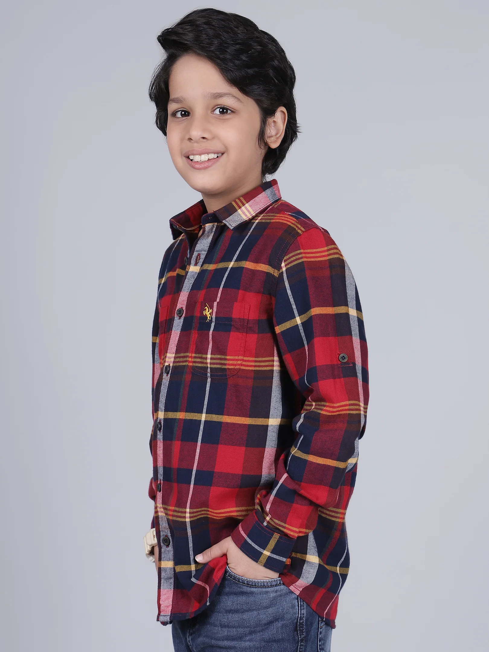 Boys Checkered Mehroon Full Sleeves Spread Collar Casual Shirt - Image 2