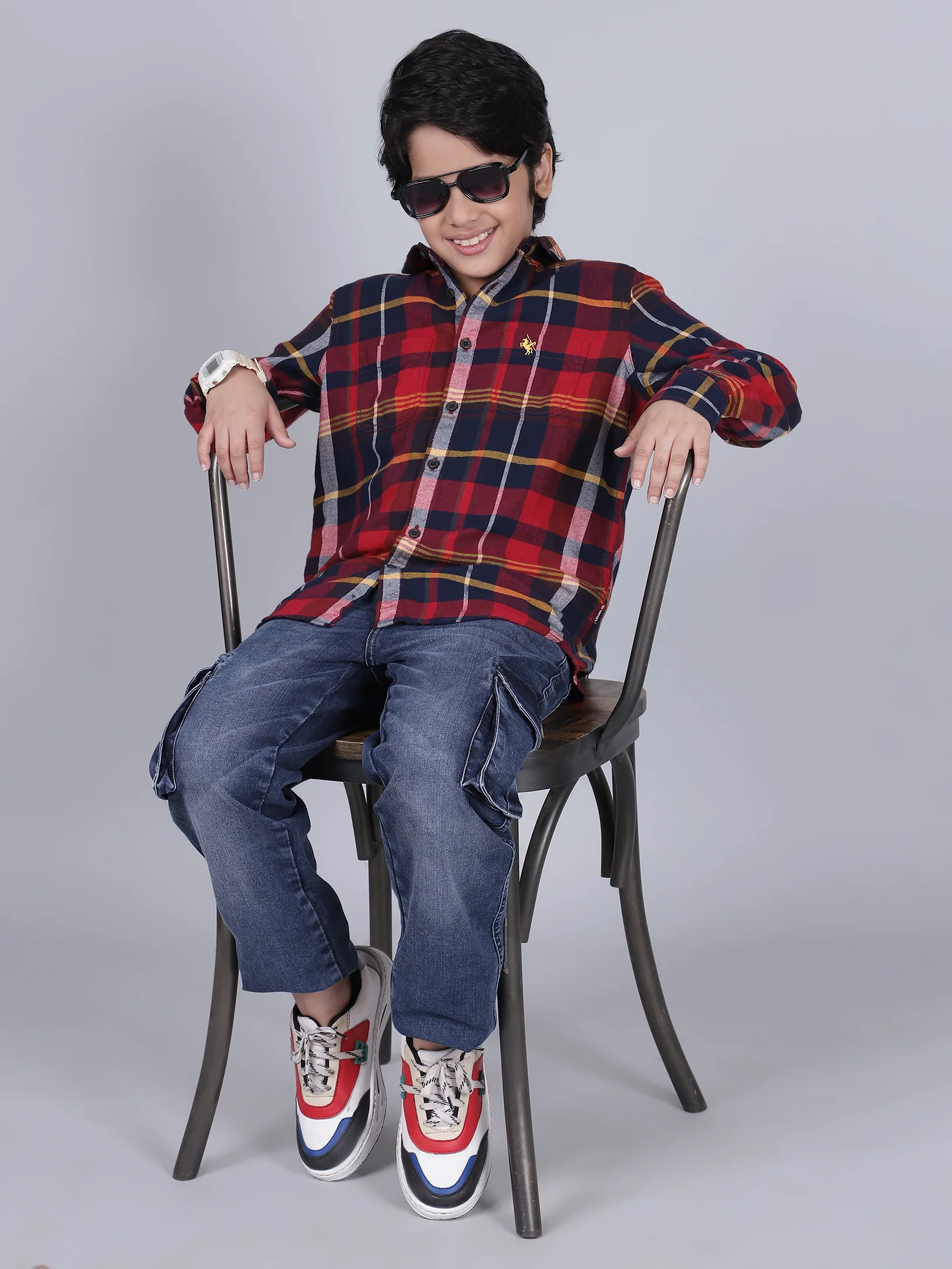 Boys Checkered Mehroon Full Sleeves Spread Collar Casual Shirt - Image 5