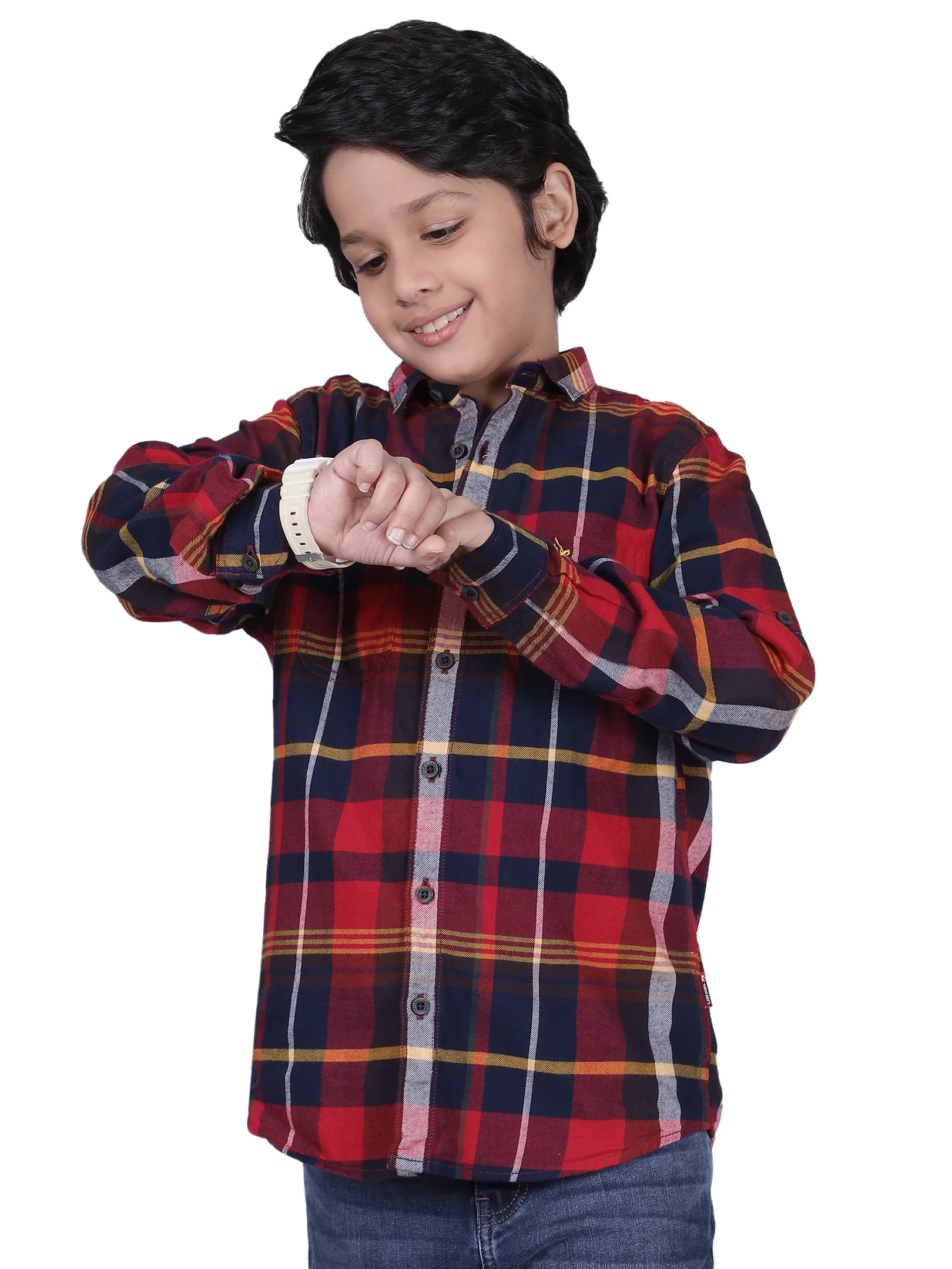Boys Checkered Mehroon Full Sleeves Spread Collar Casual Shirt - Image 7