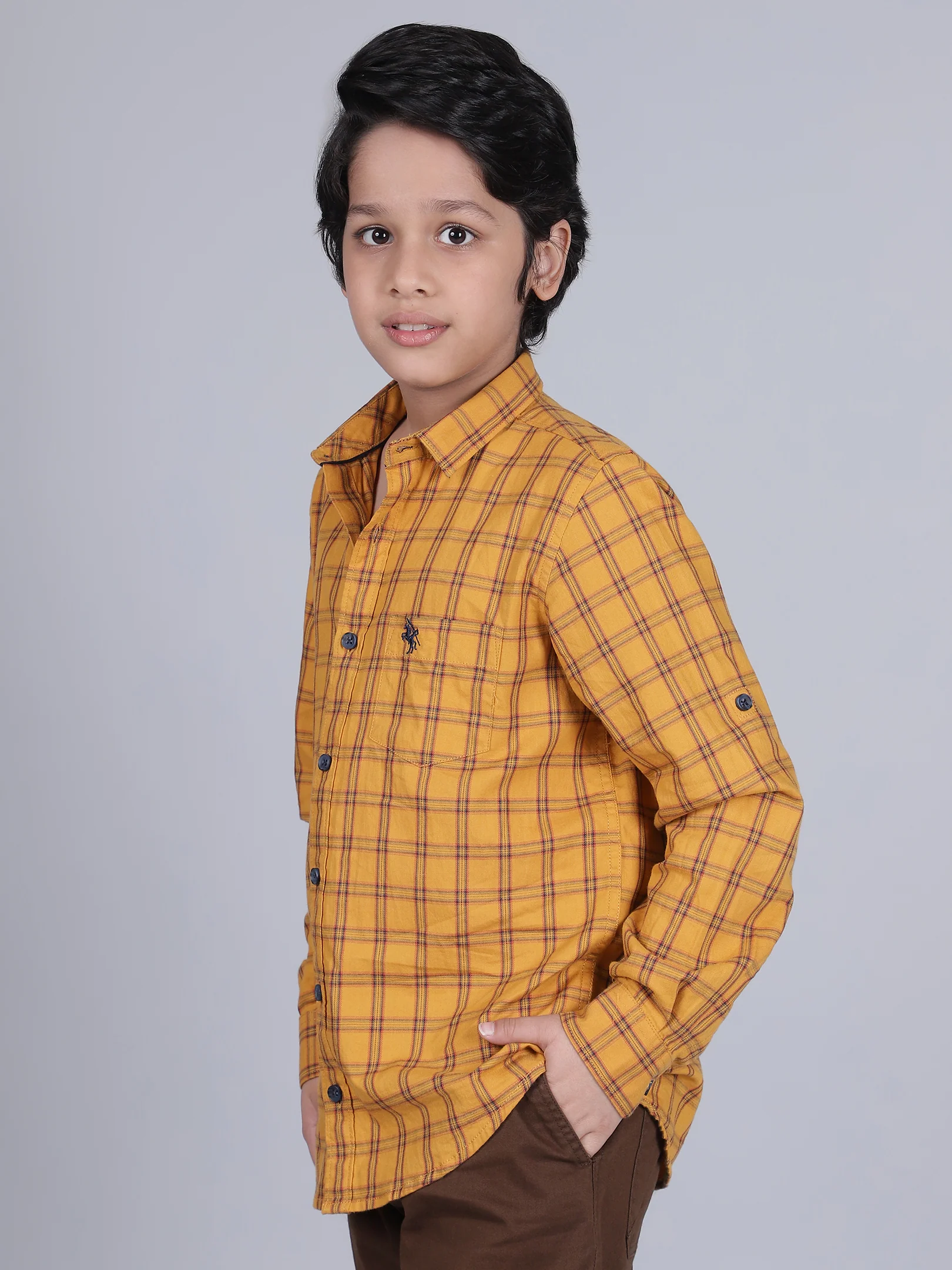 Boys Checkered Mustard Full Sleeves Spread Collar Casual Shirt - Image 2