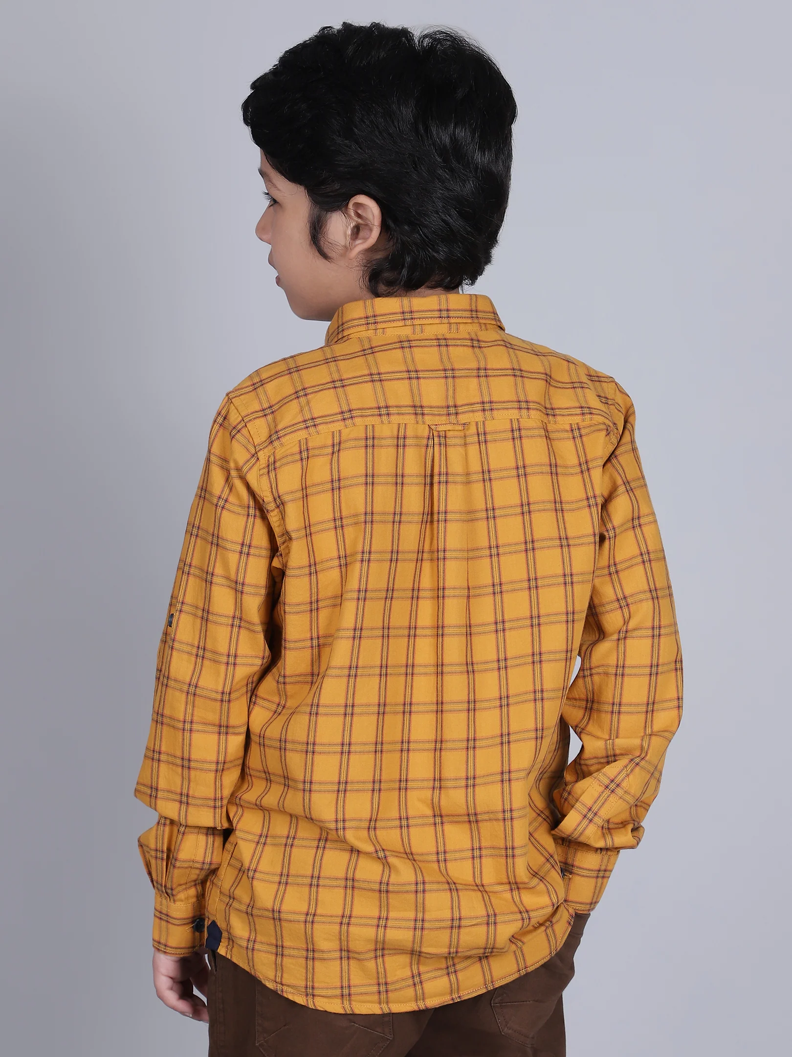 Boys Checkered Mustard Full Sleeves Spread Collar Casual Shirt - Image 3