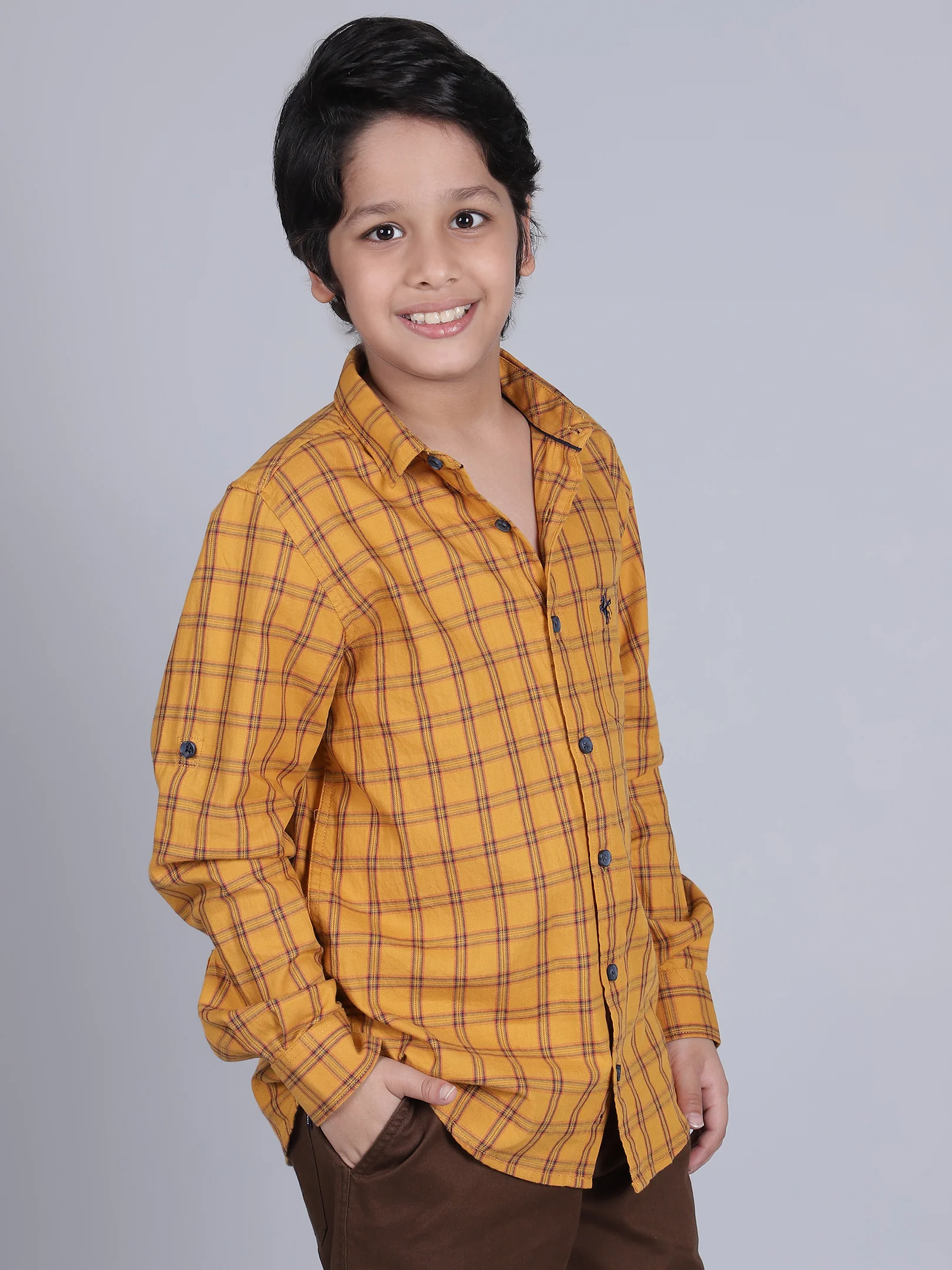 Boys Checkered Mustard Full Sleeves Spread Collar Casual Shirt - Image 4
