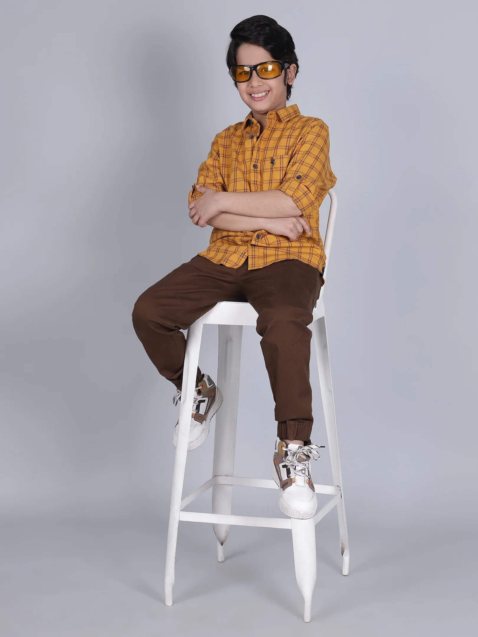 Boys Checkered Mustard Full Sleeves Spread Collar Casual Shirt - Image 5