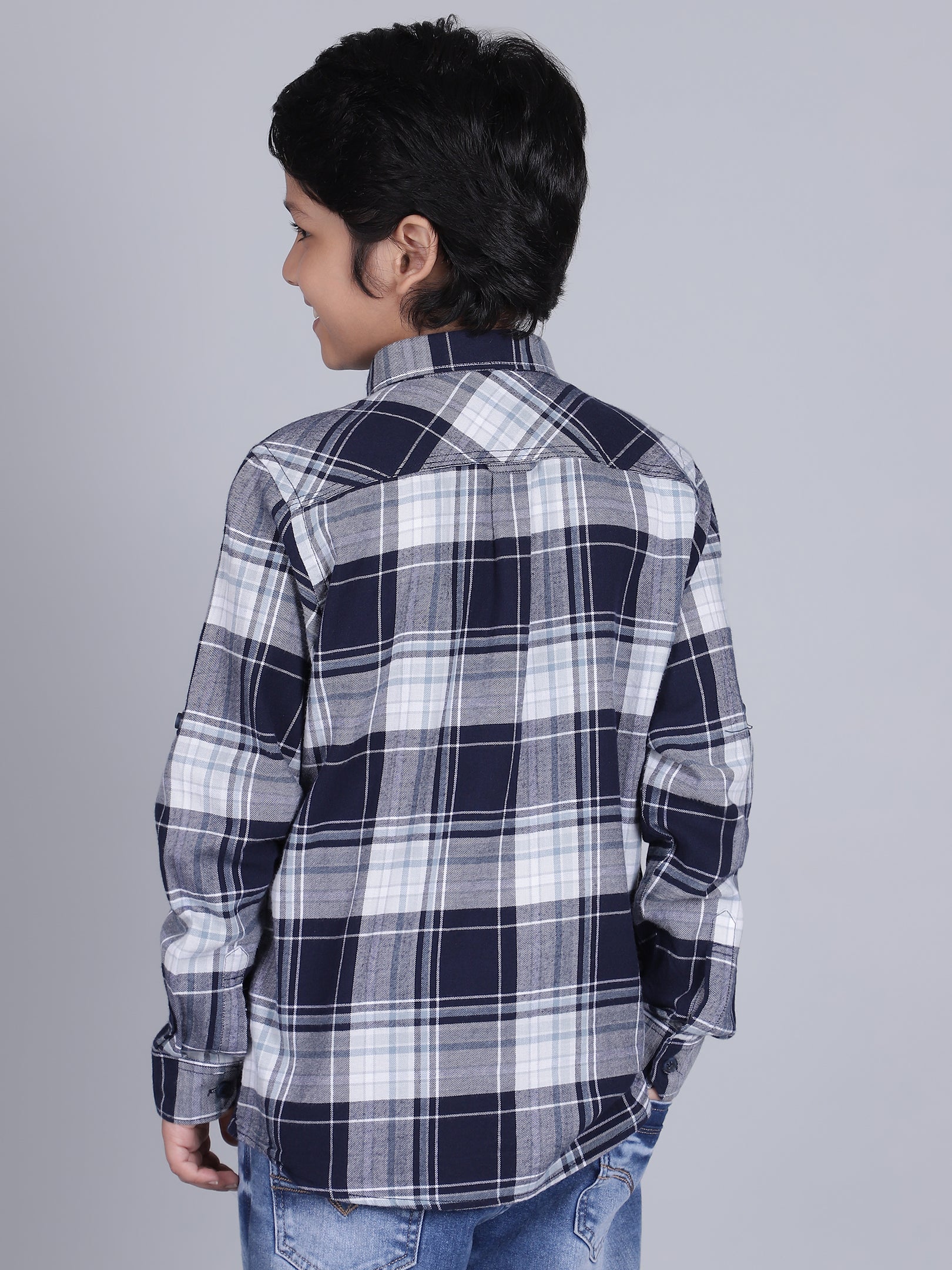 Boys Checkered Navy Blue Full Sleeves Spread Collar Casual Shirt - Image 3