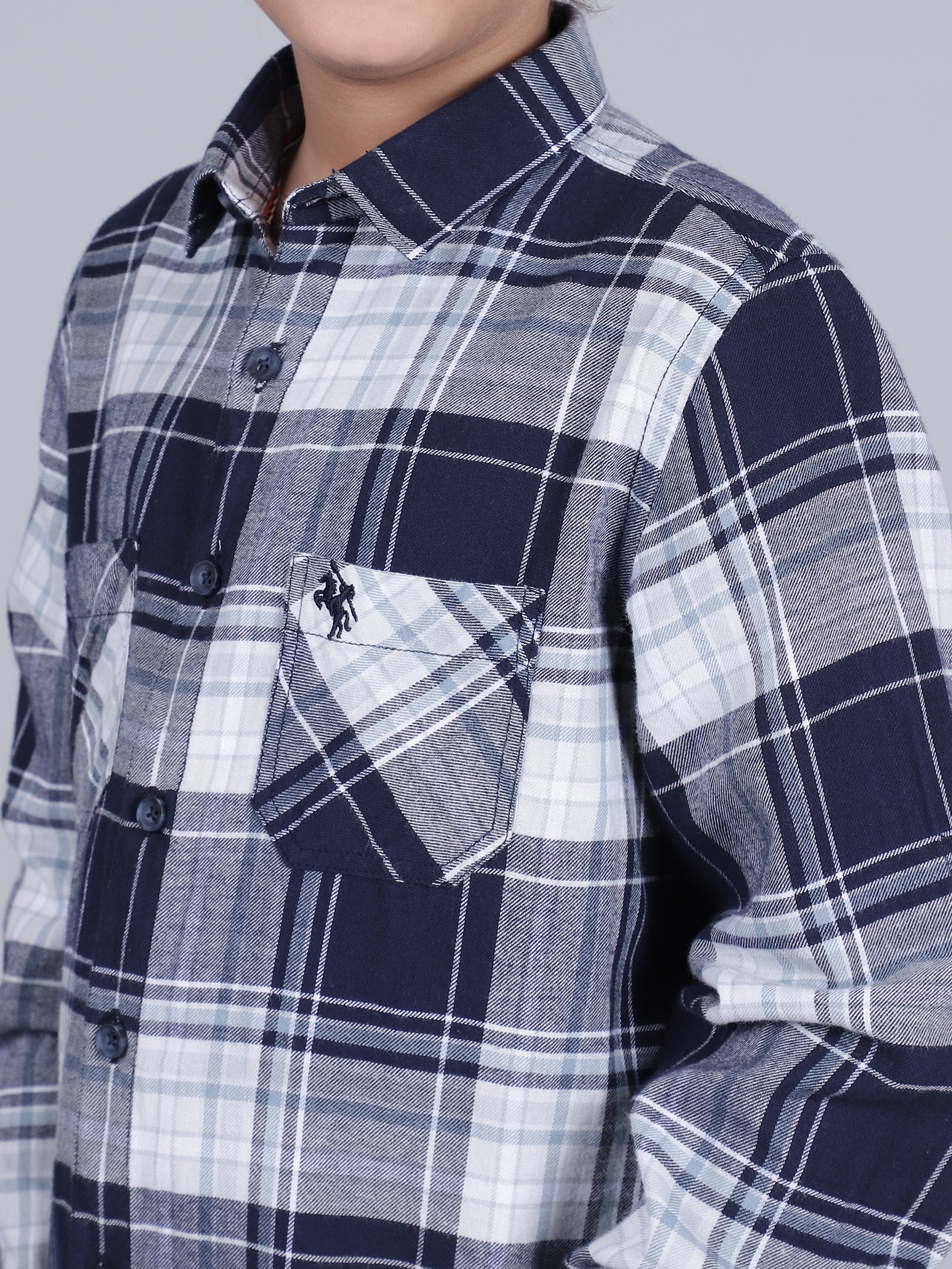 Boys Checkered Navy Blue Full Sleeves Spread Collar Casual Shirt - Image 6
