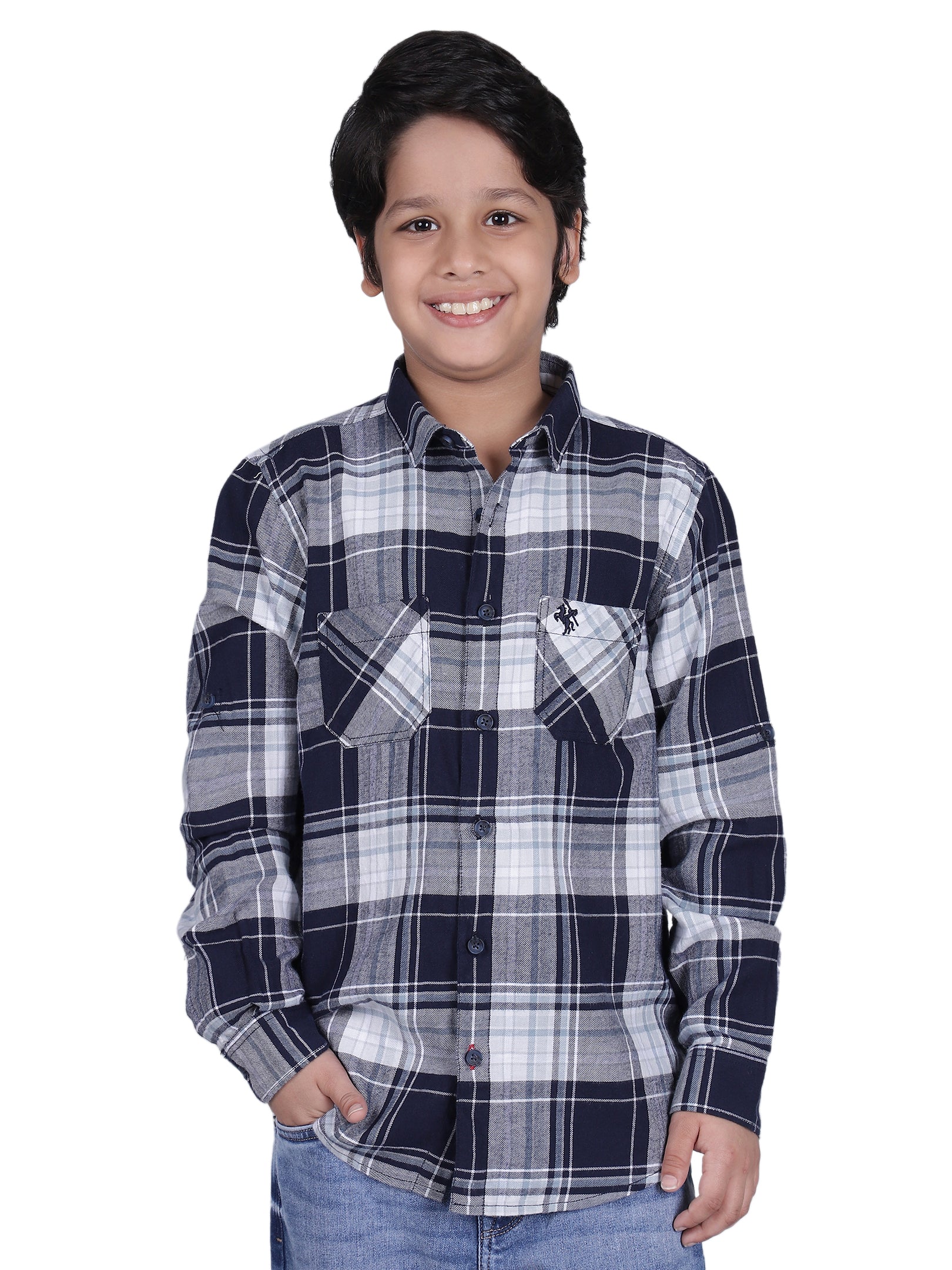 Boys Checkered Navy Blue Full Sleeves Spread Collar Casual Shirt - Image 7
