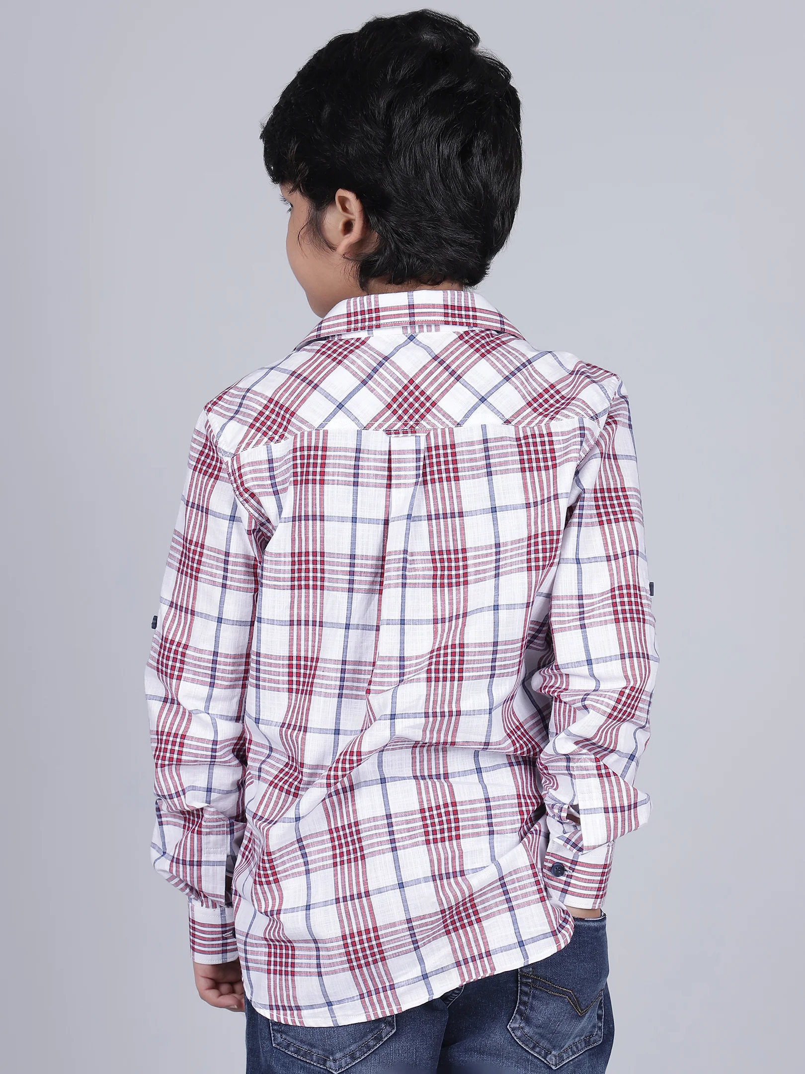 Boys Checkered White Full Sleeves Spread Collar Casual Shirt - Image 3