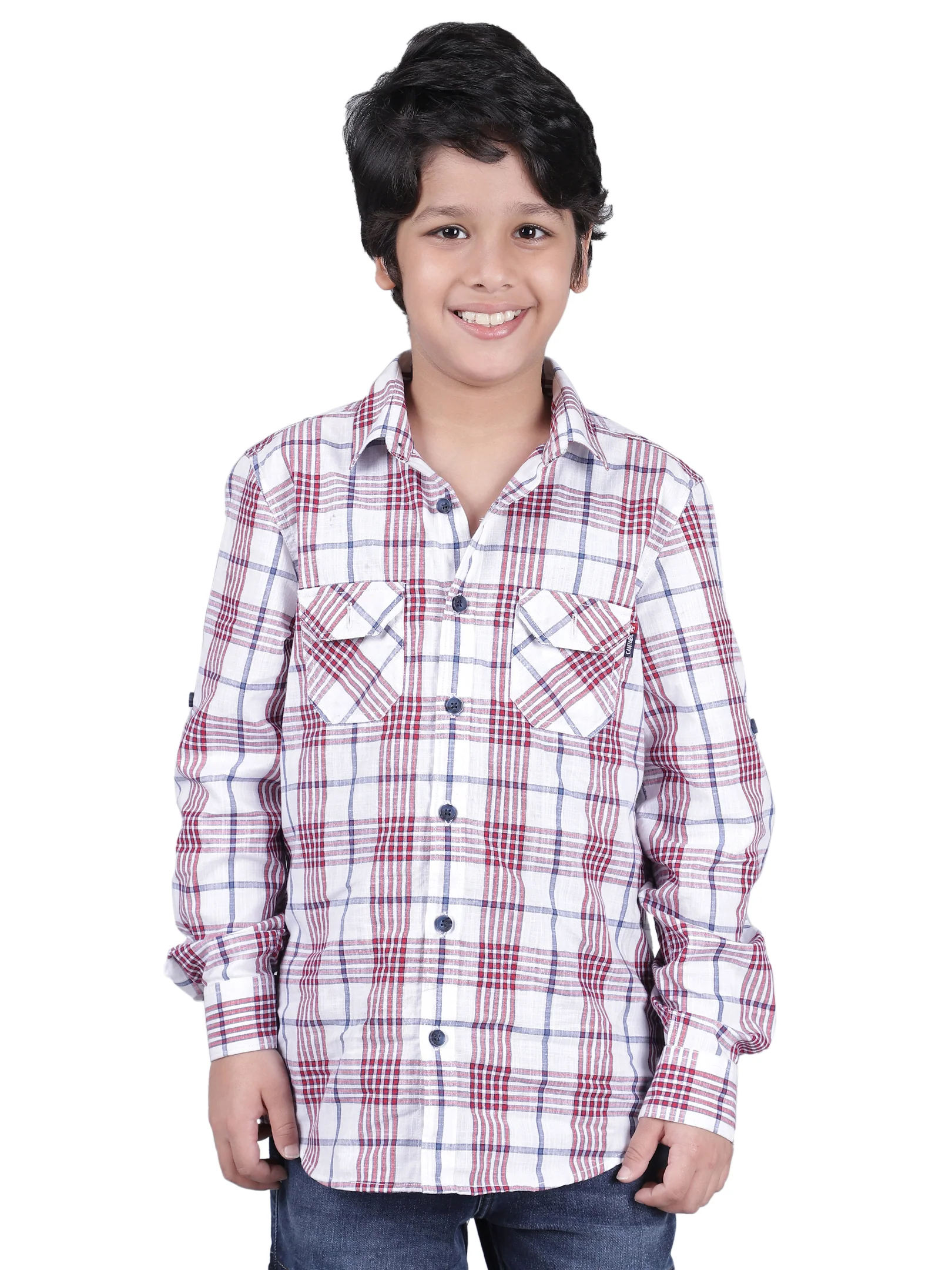 Boys Checkered White Full Sleeves Spread Collar Casual Shirt - Image 7