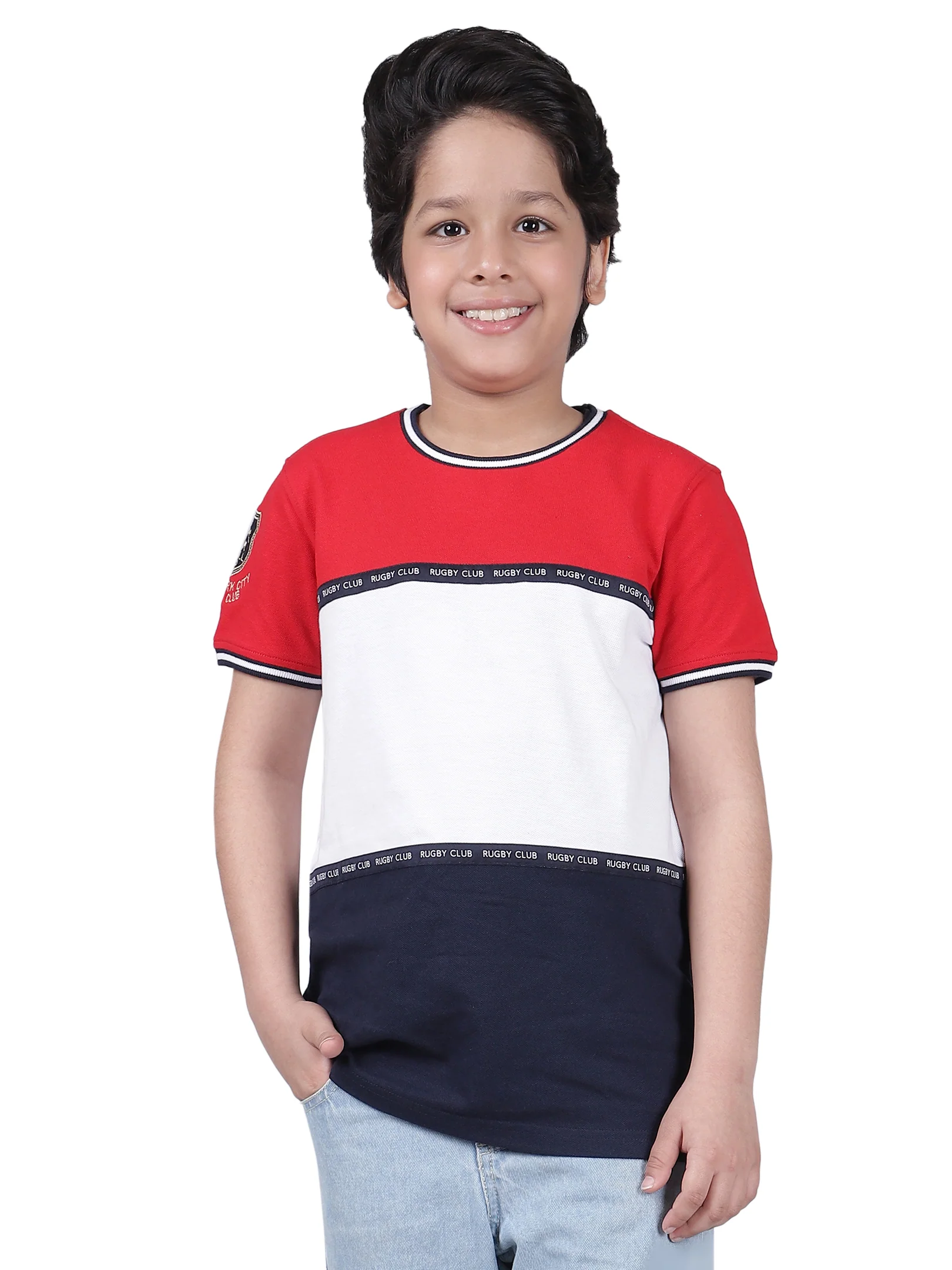 Boys Color Block Blue Round Neck Half Sleeves Casual T-Shirt