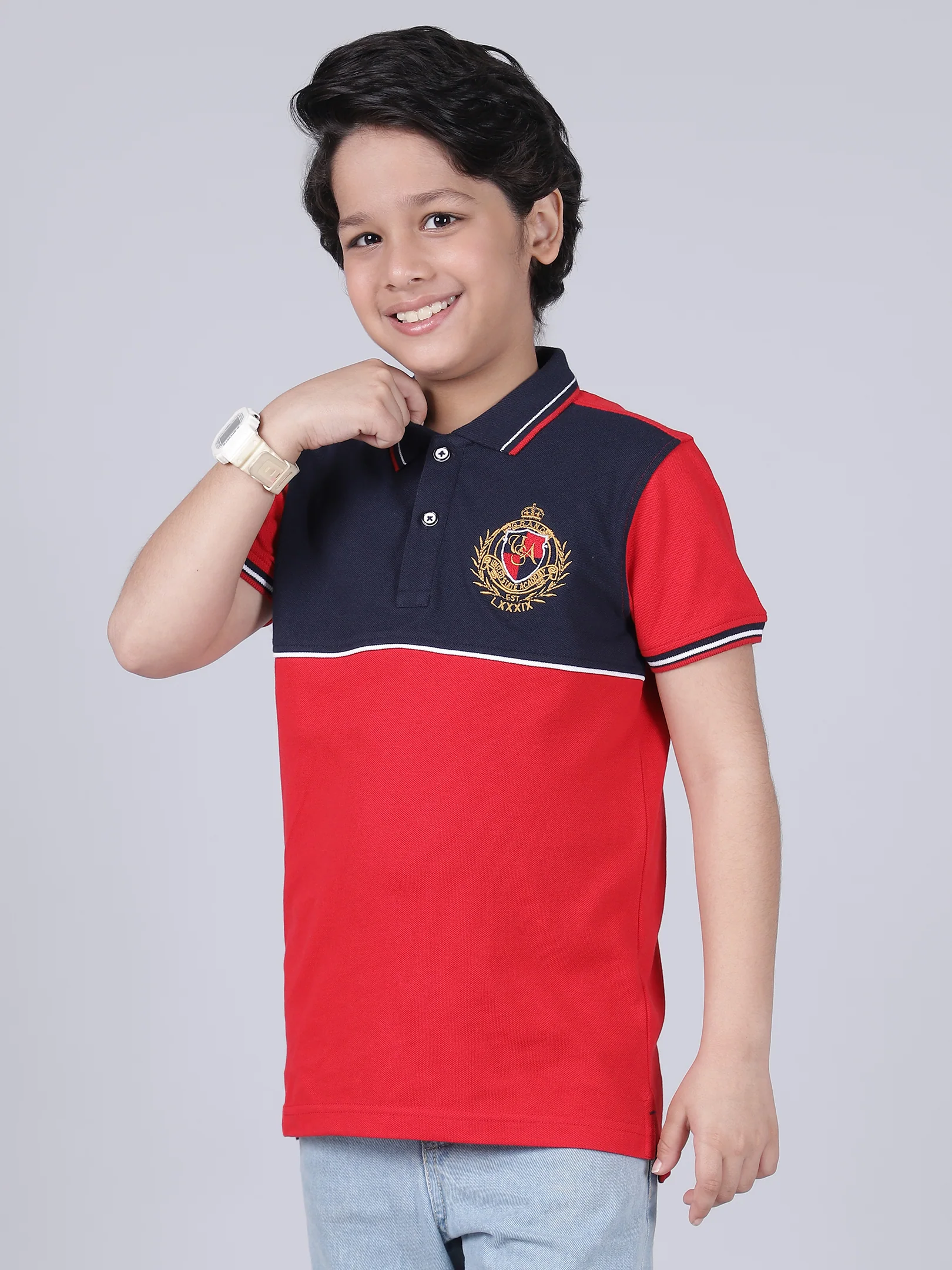 Boys Color Block Red Half Sleeves Polo Neck Casual T-Shirt
