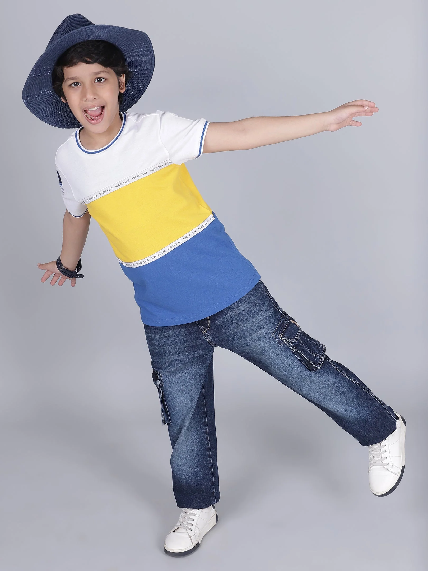 Boys Color Block Yellow Half Sleeves Round Neck Casual T-Shirt - Image 2