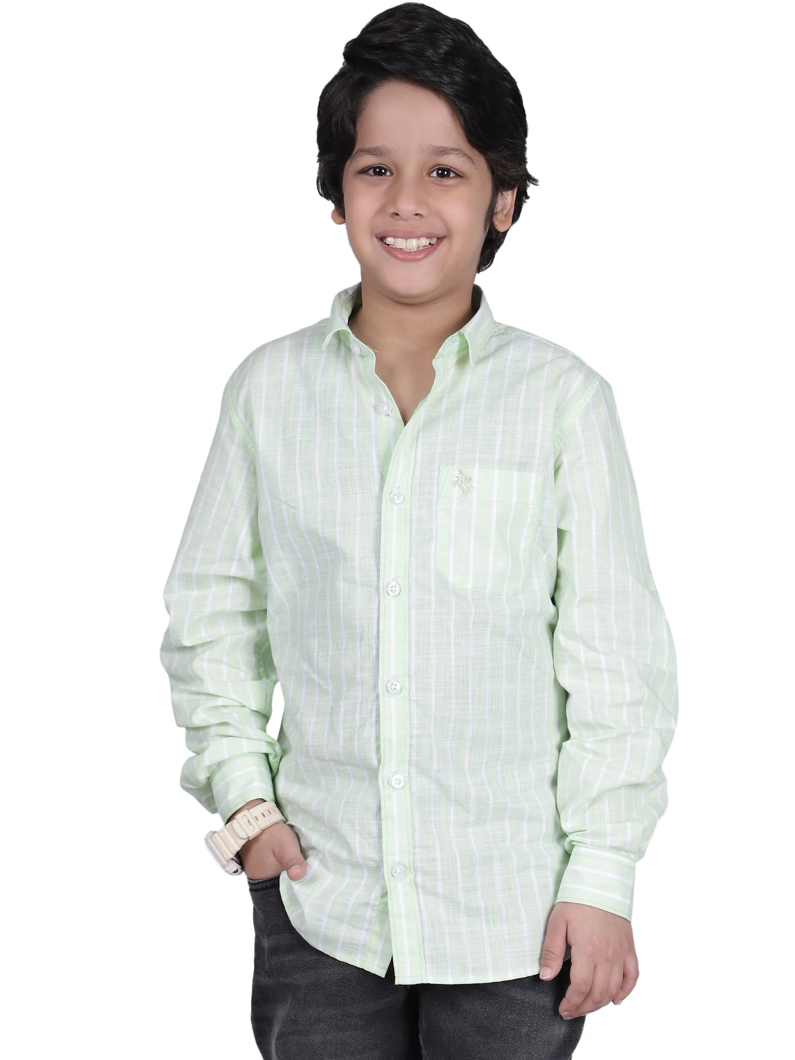 Boys Green Checkered Full Sleeves Spread Collar Casual Shirt - Image 7