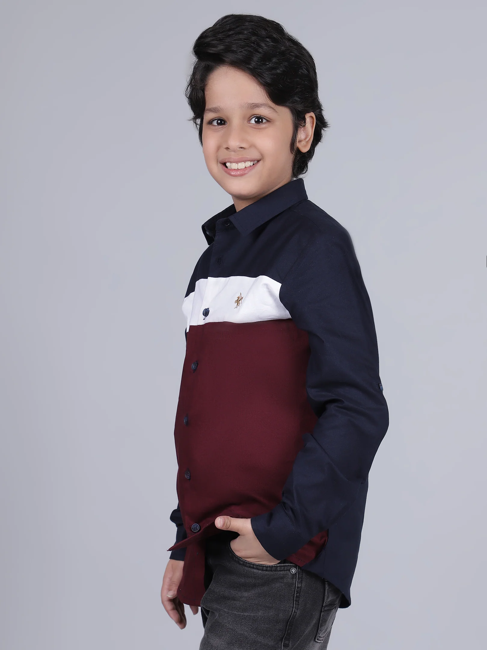 Boys Mix Color Block Full Sleeves Spread Collar Casual Shirt - Image 2
