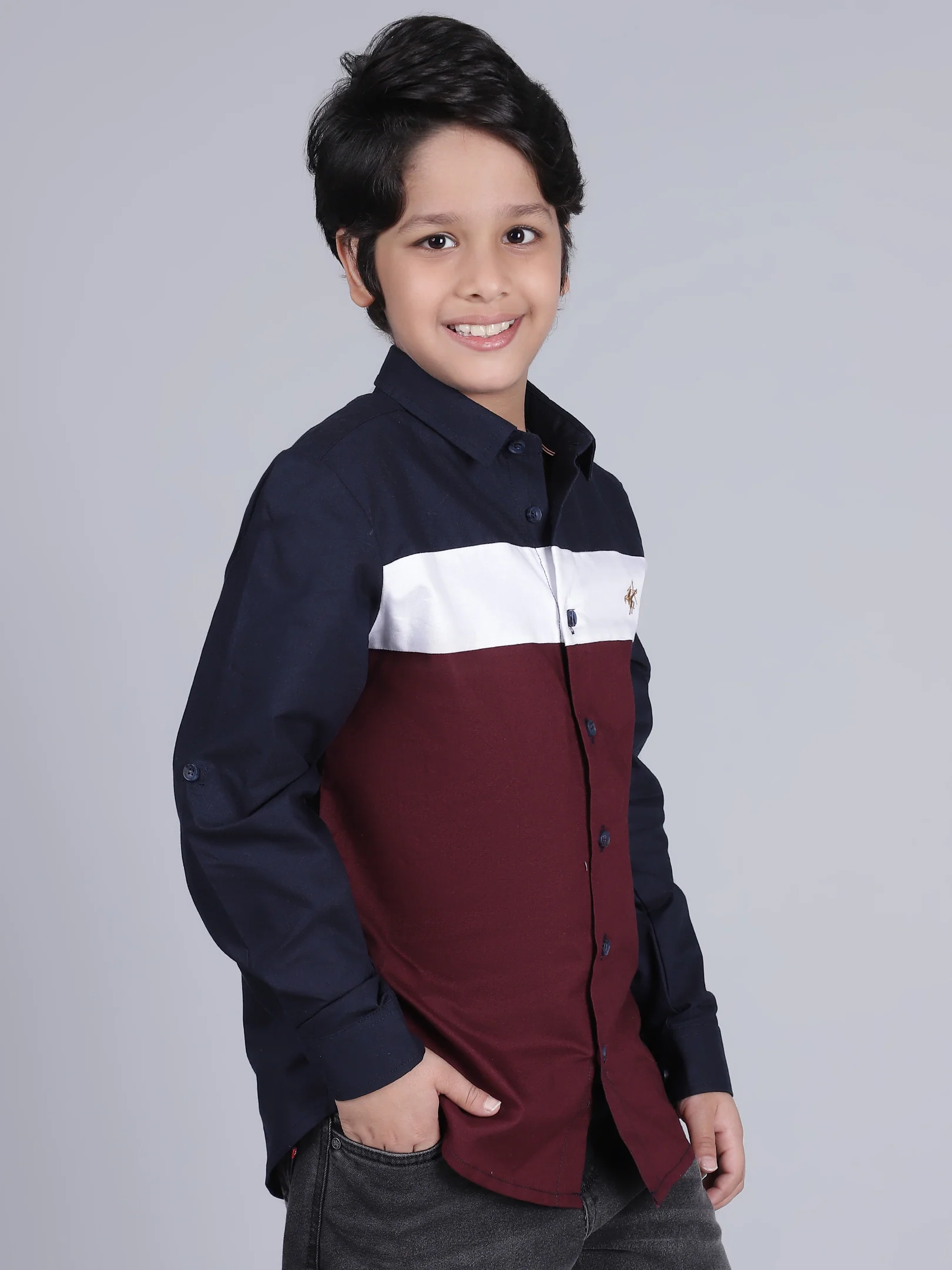 Boys Mix Color Block Full Sleeves Spread Collar Casual Shirt - Image 4