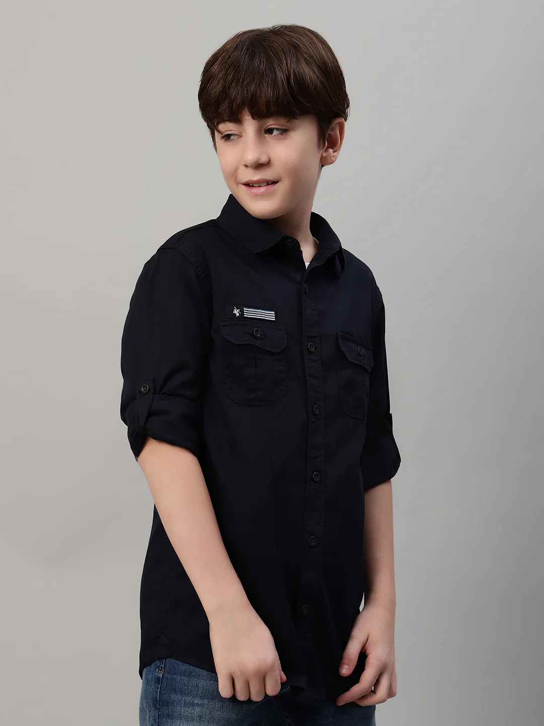 Boy's Navy Blue Solid Full Sleeve Shirt - Image 3