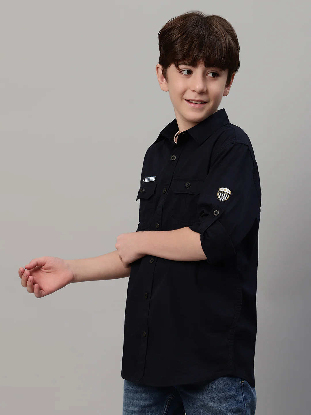 Boy's Navy Blue Solid Full Sleeve Shirt - Image 4