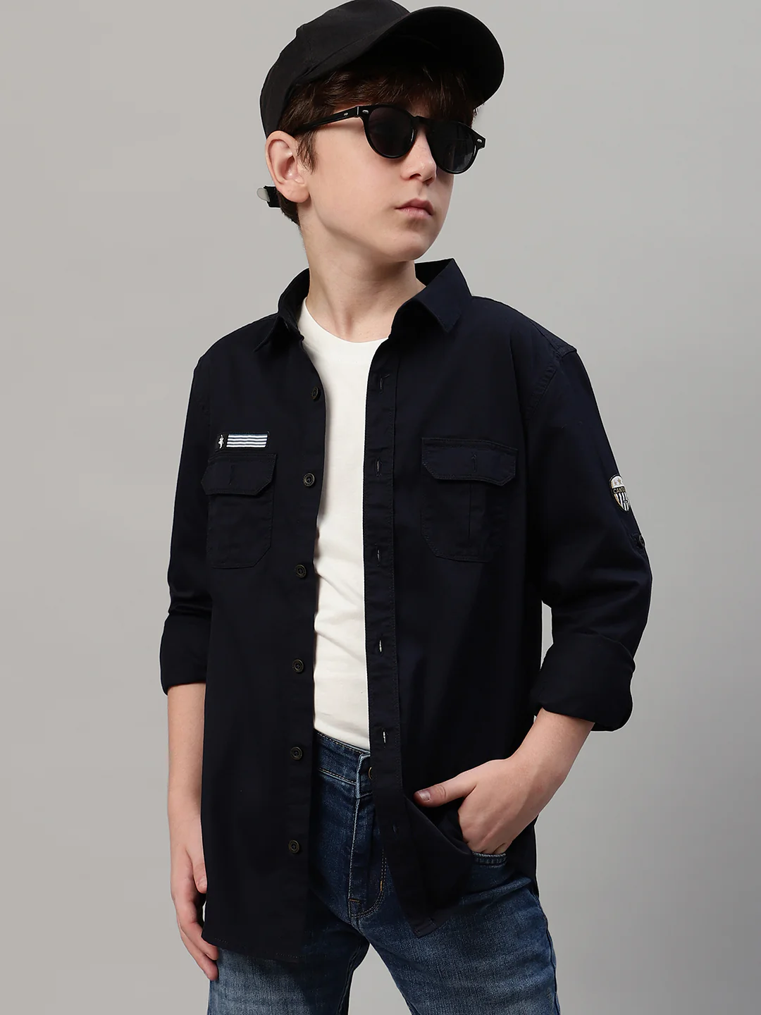 Boy's Navy Blue Solid Full Sleeve Shirt - Image 7