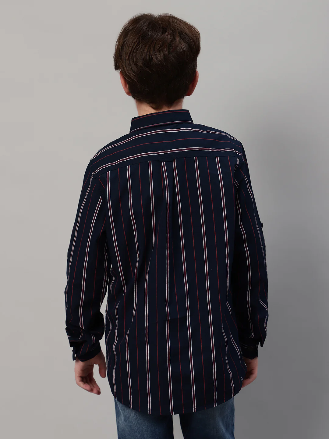 Boy's Navy Blue Striped Full Sleeve Shirt - Image 2