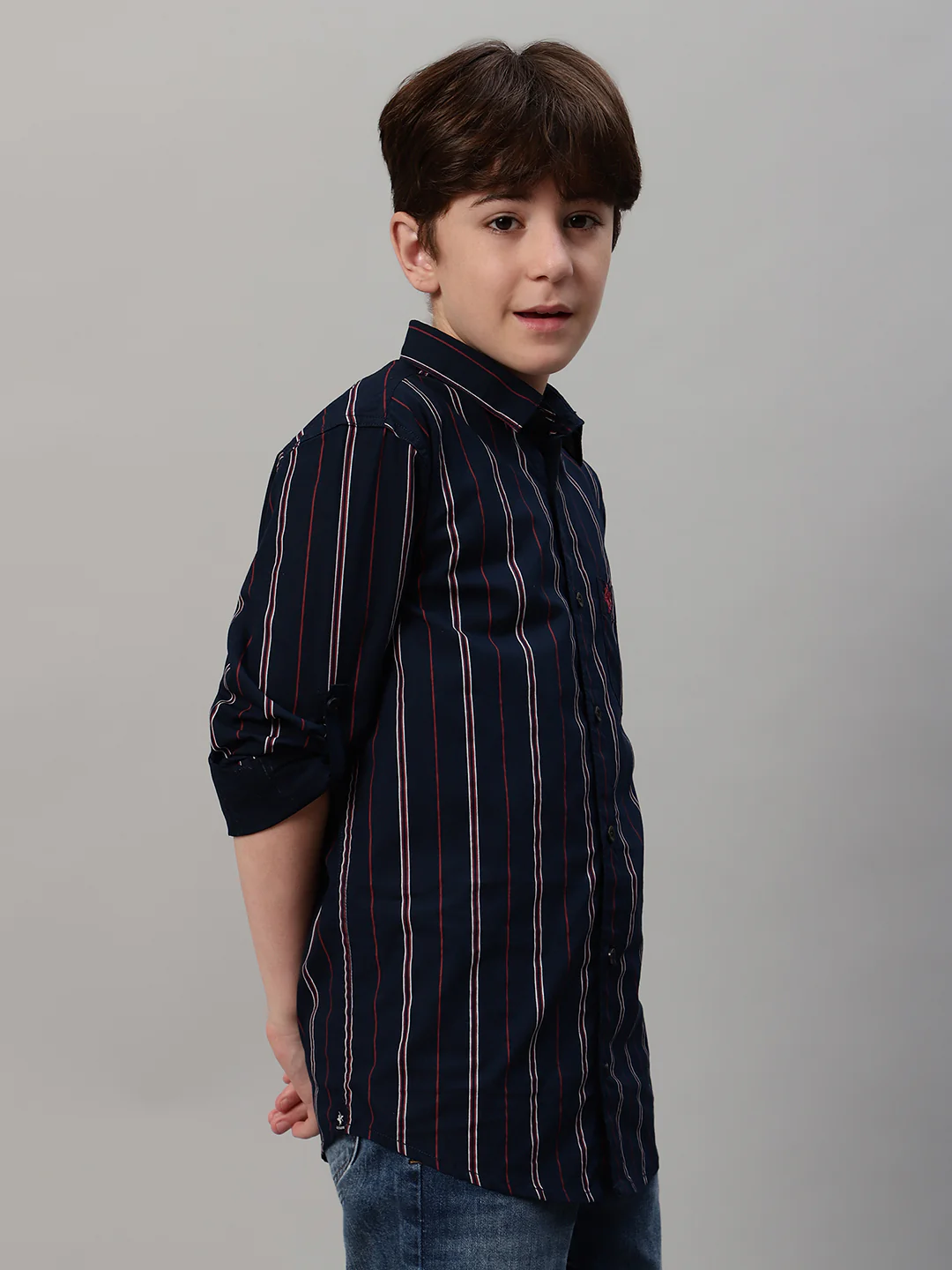 Boy's Navy Blue Striped Full Sleeve Shirt - Image 3