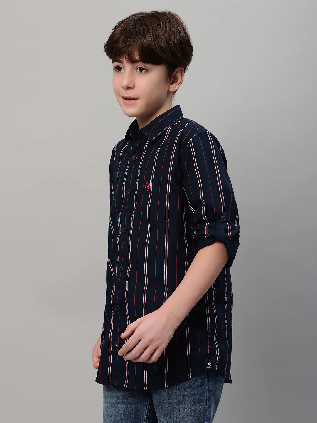 Boy's Navy Blue Striped Full Sleeve Shirt - Image 4