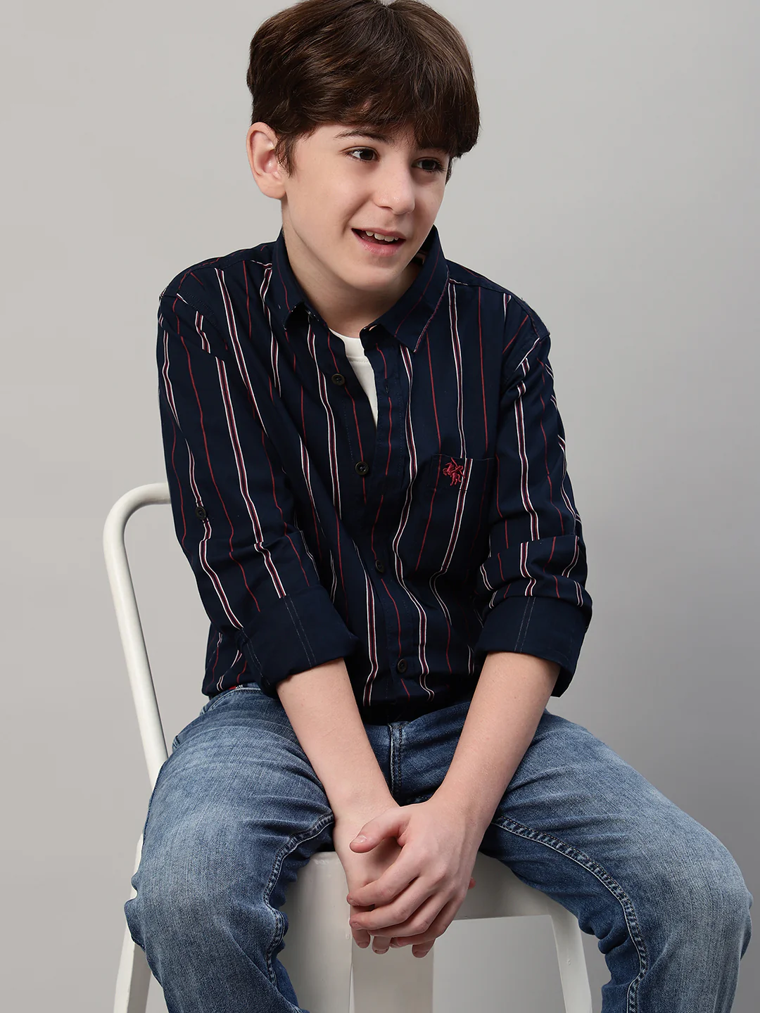 Boy's Navy Blue Striped Full Sleeve Shirt - Image 6