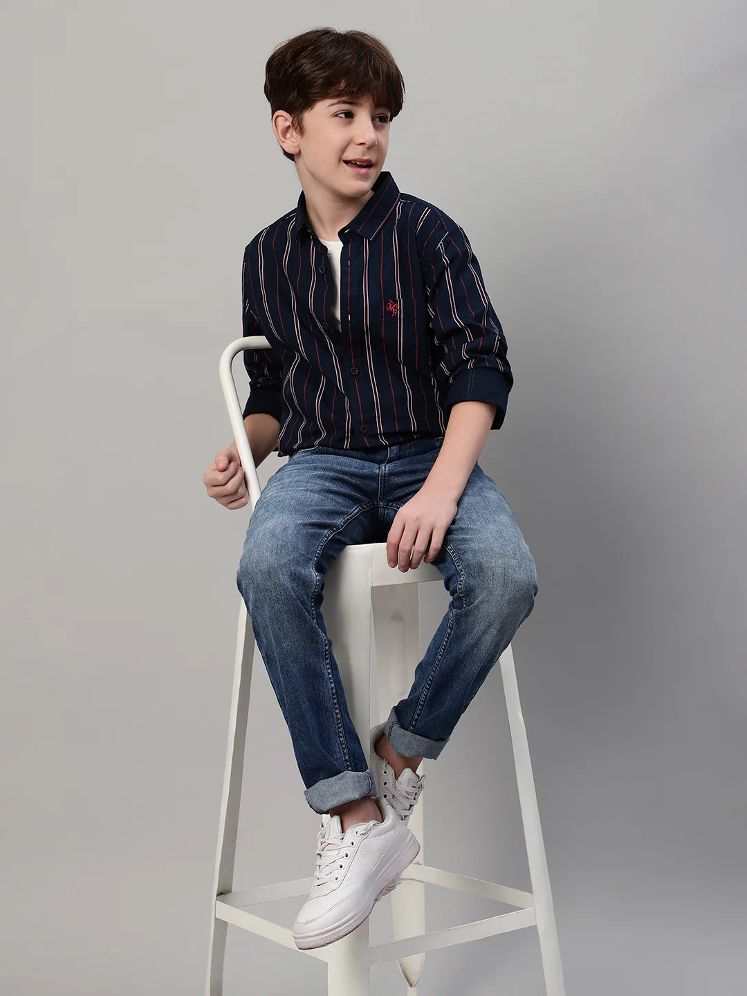 Boy's Navy Blue Striped Full Sleeve Shirt - Image 7