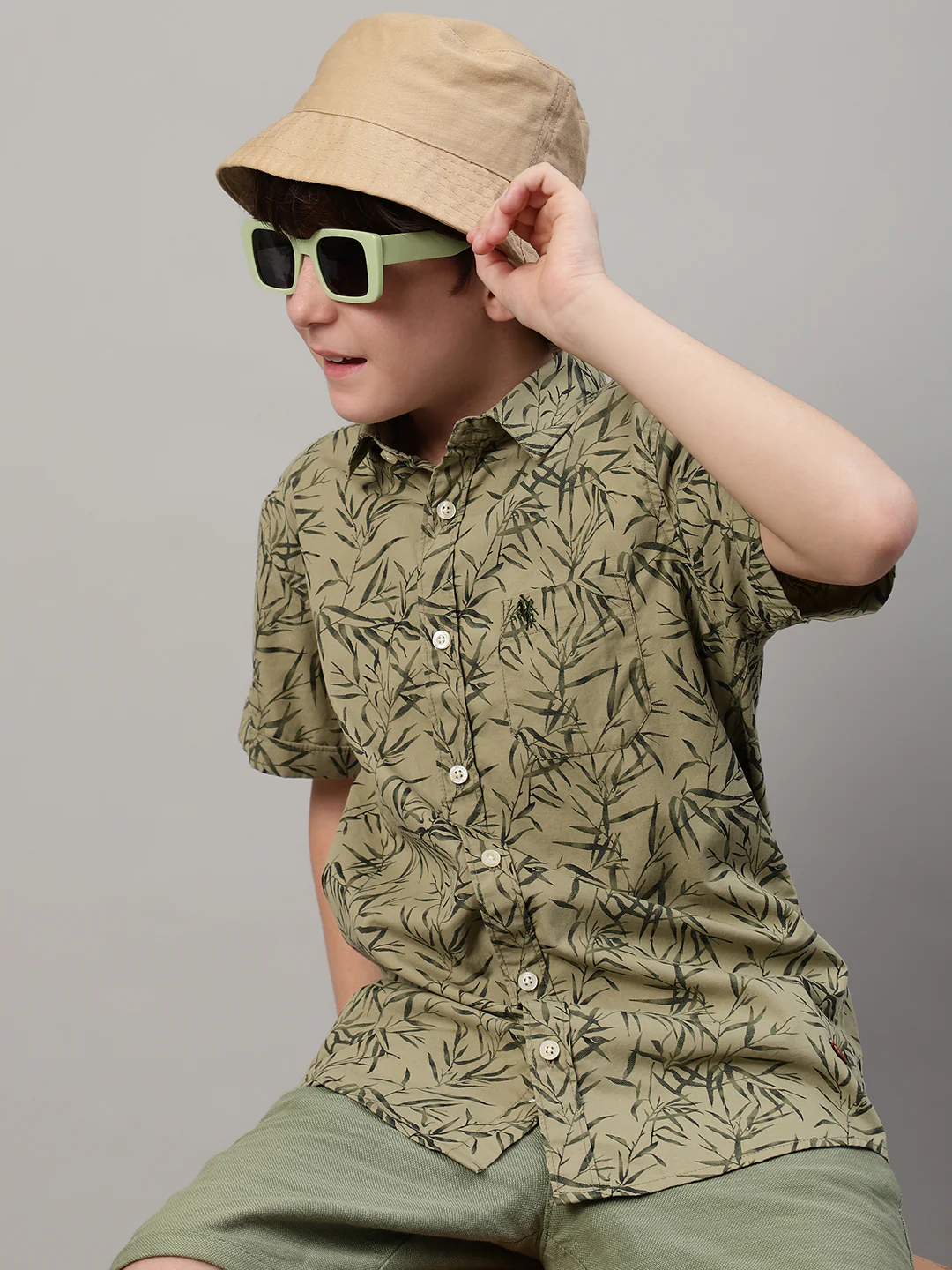 Boy's Olive Green Printed Half Sleeve Shirt - Image 6