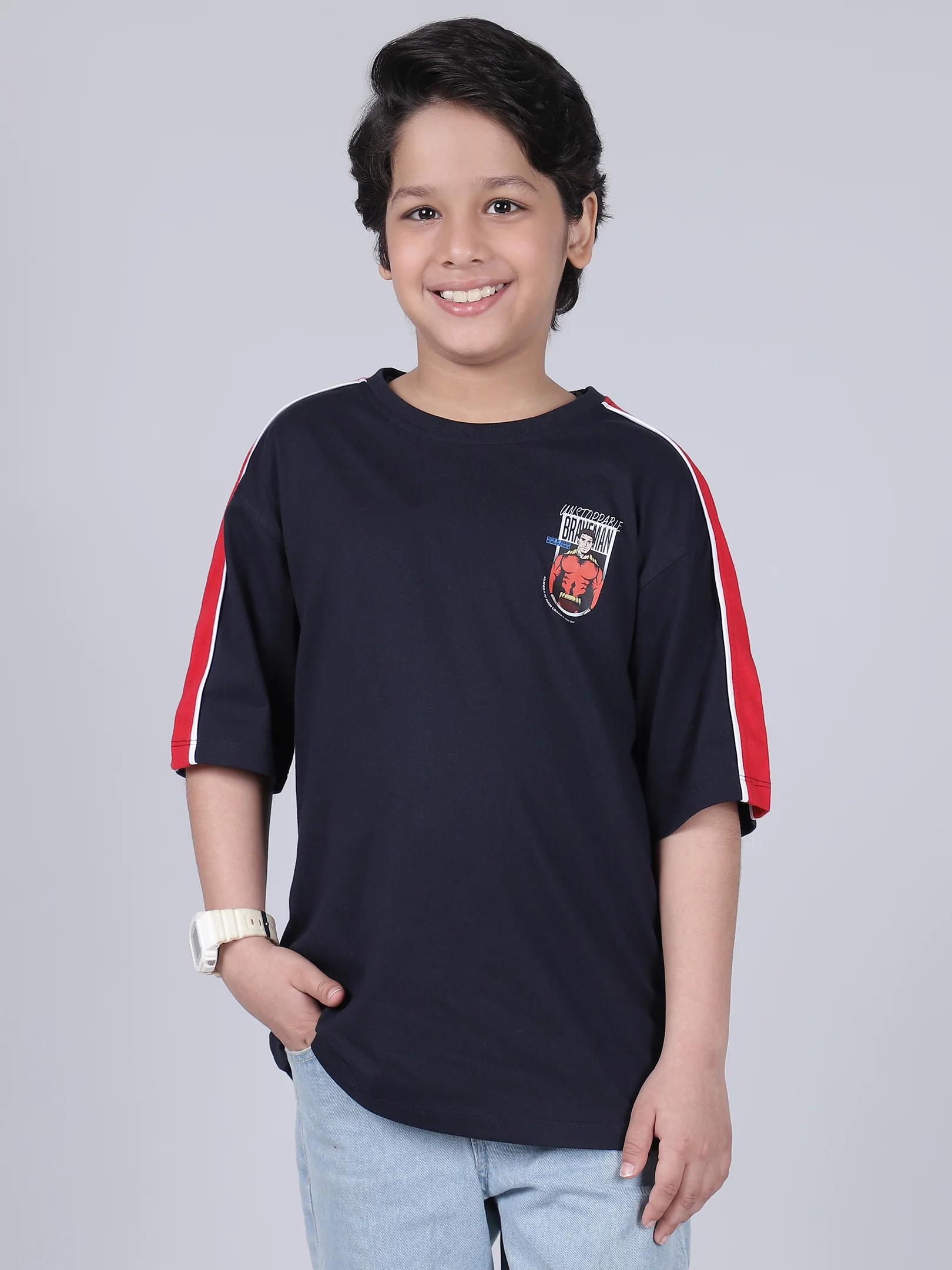 Boys Printed Light Navy Round Neck Half Sleeves Casual T-Shirt - Image 2