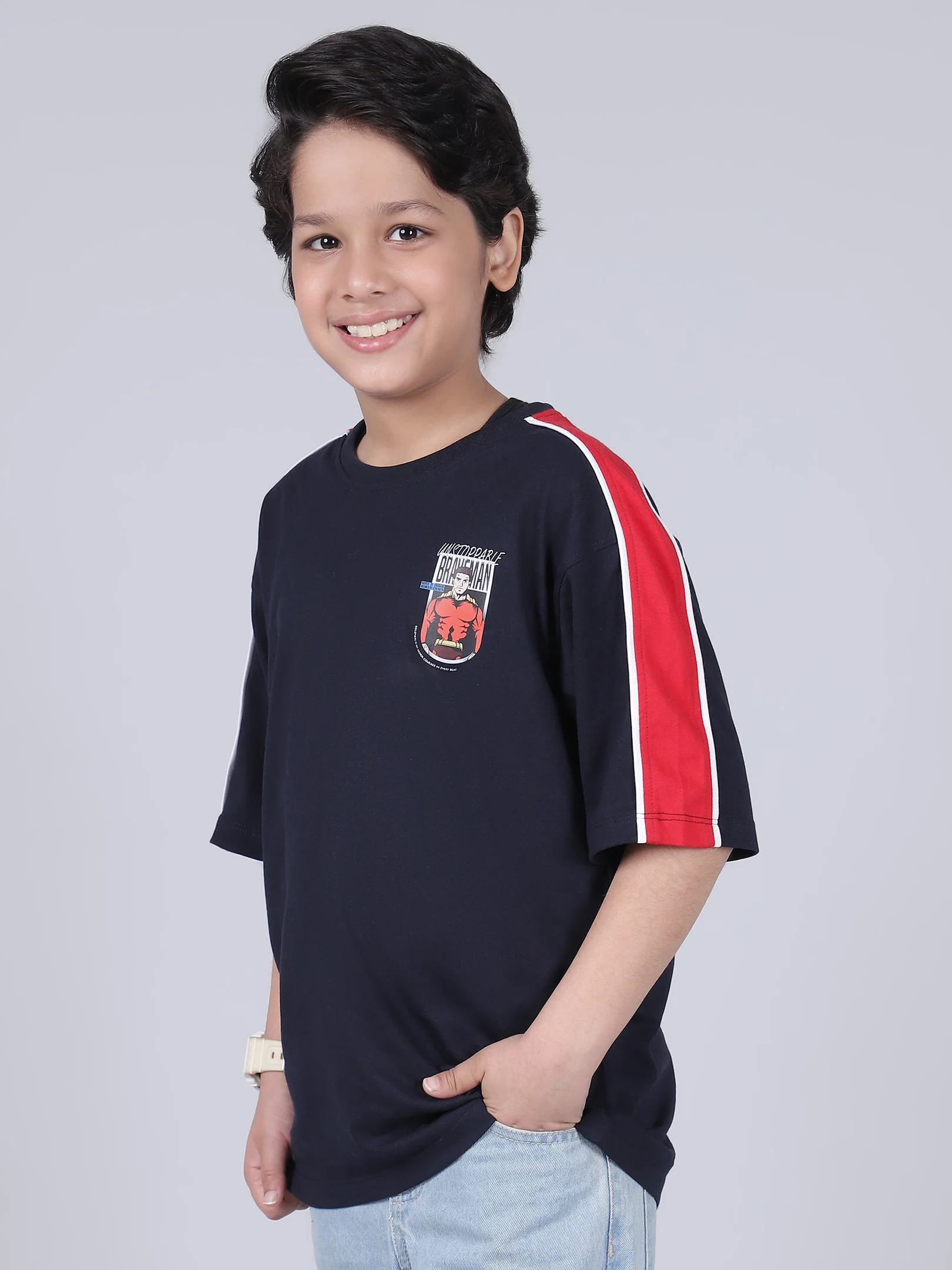 Boys Printed Light Navy Round Neck Half Sleeves Casual T-Shirt - Image 3