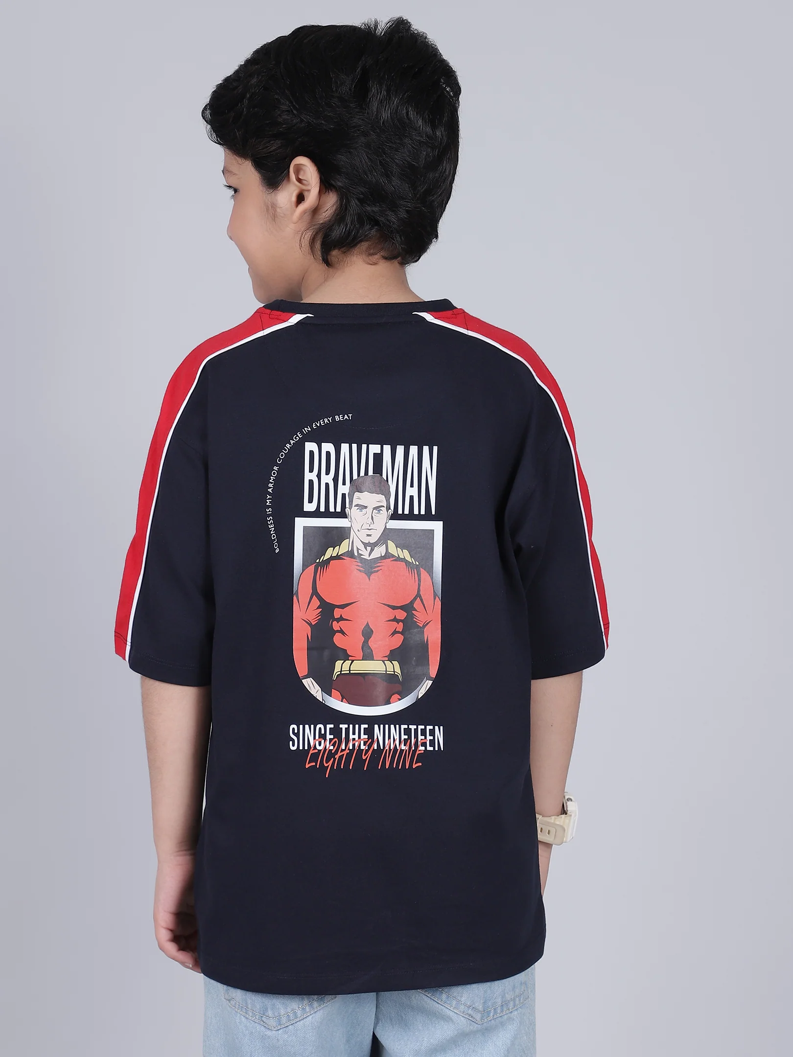 Boys Printed Light Navy Round Neck Half Sleeves Casual T-Shirt - Image 4