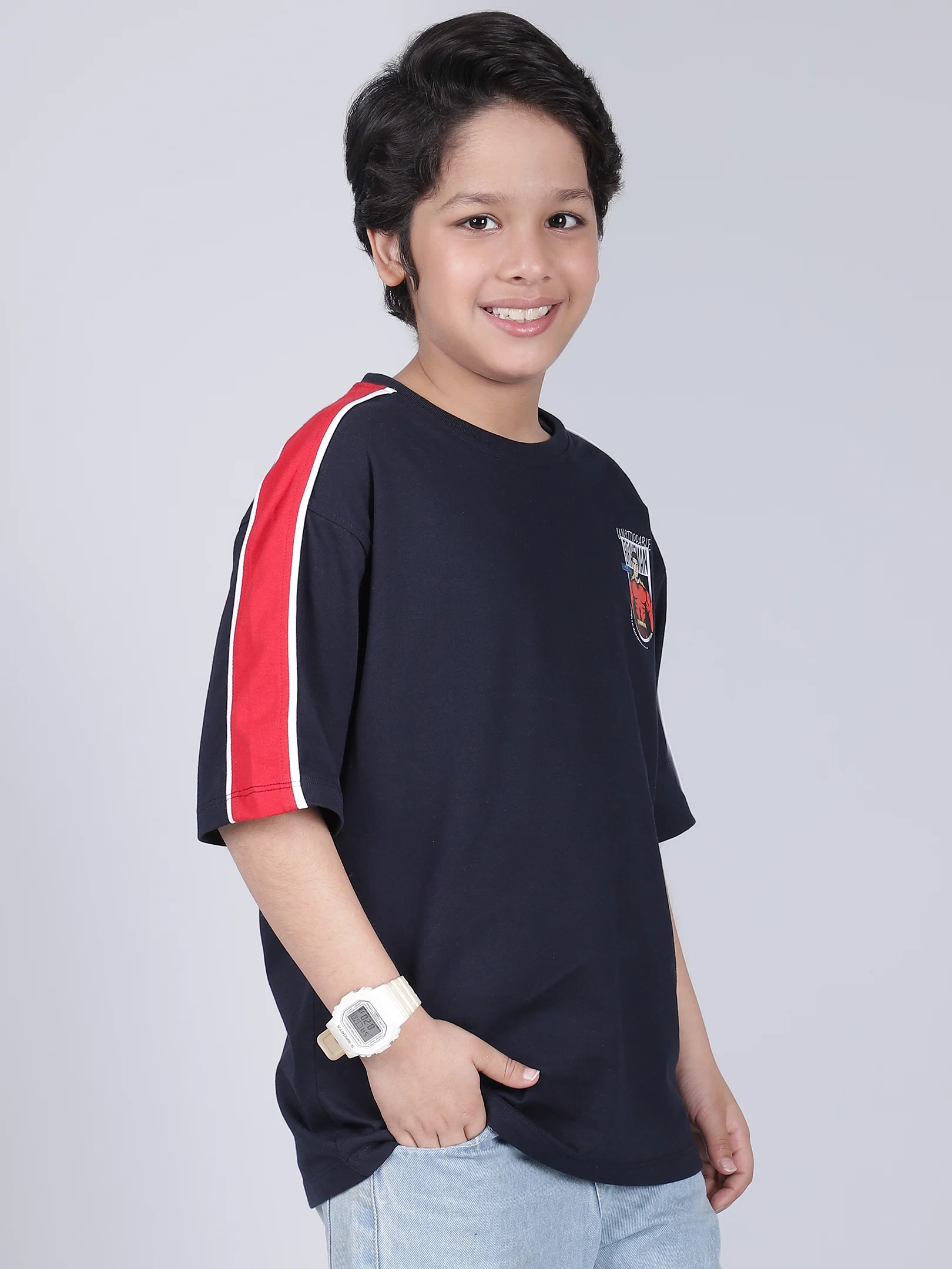 Boys Printed Light Navy Round Neck Half Sleeves Casual T-Shirt - Image 5