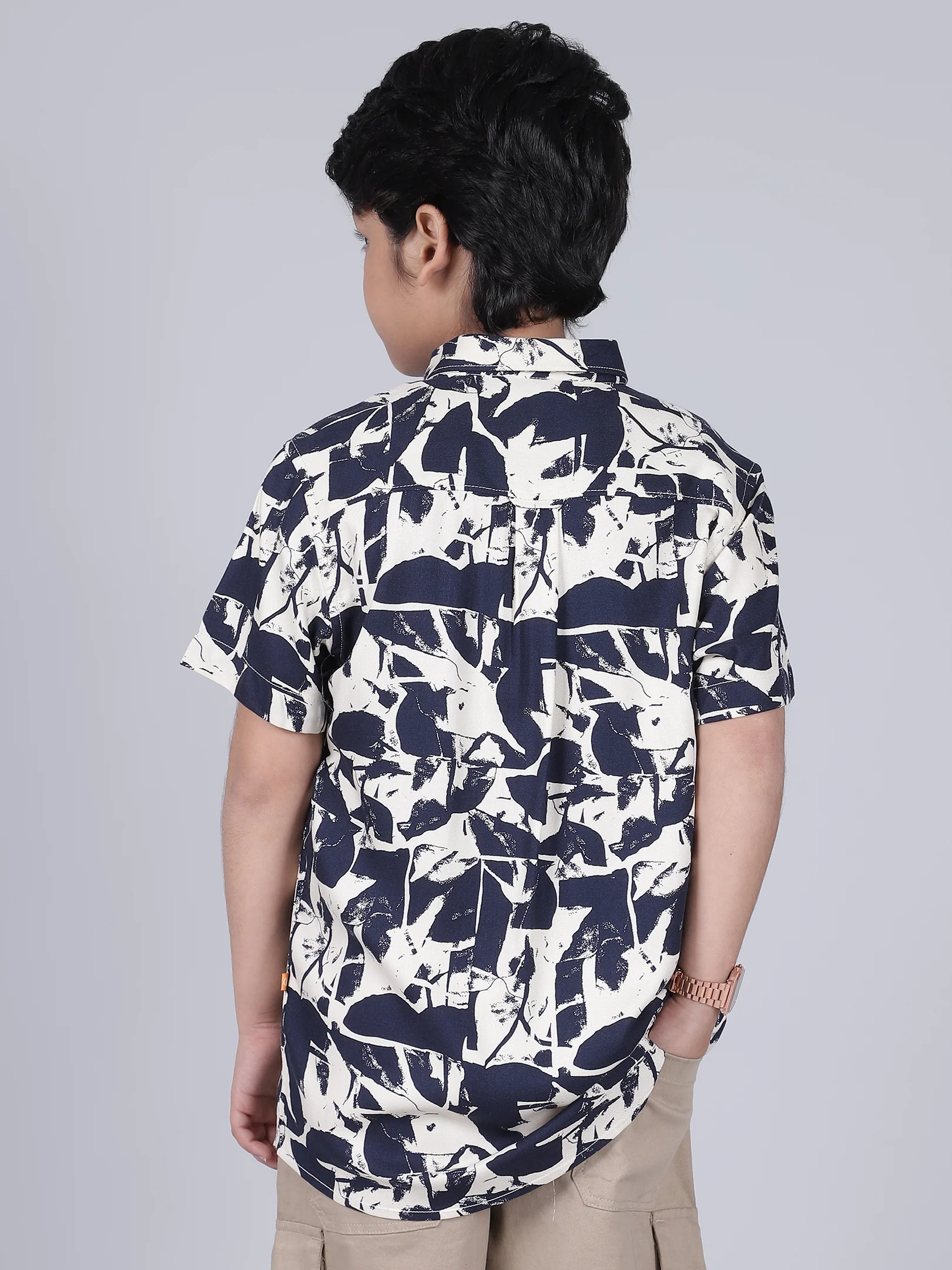 Boys Printed Navy Blue Half Sleeves Spread Collar Casual Shirt - Image 4