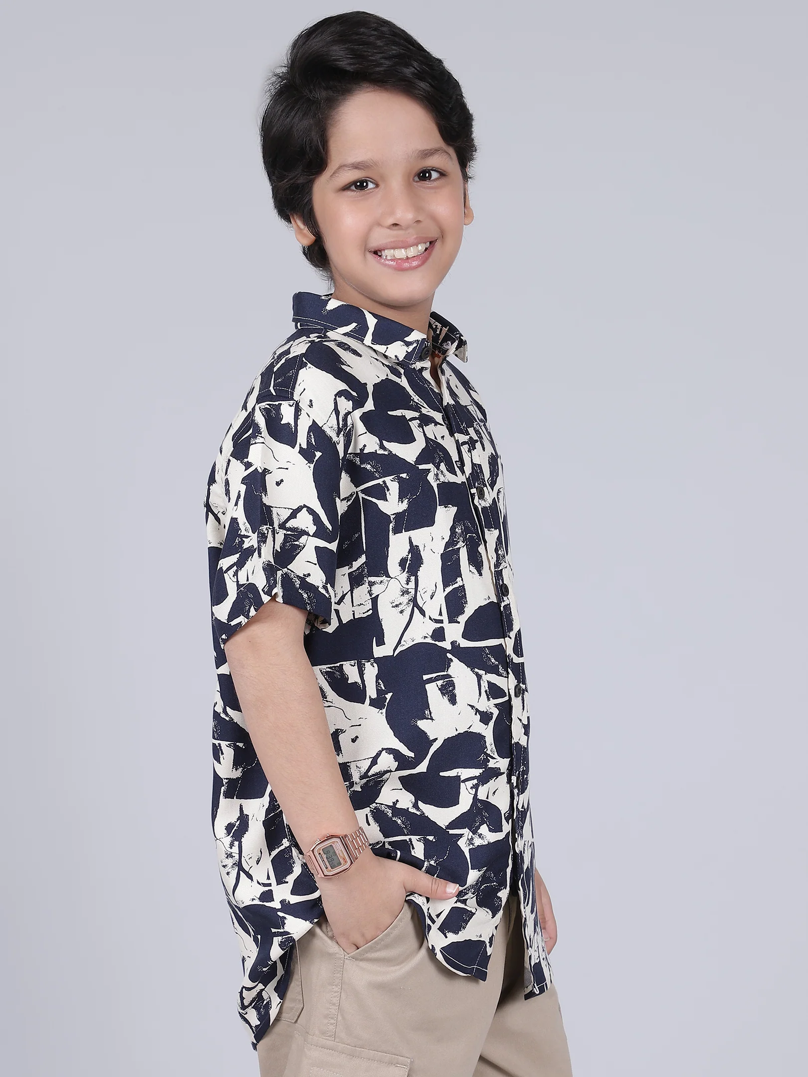 Boys Printed Navy Blue Half Sleeves Spread Collar Casual Shirt - Image 5