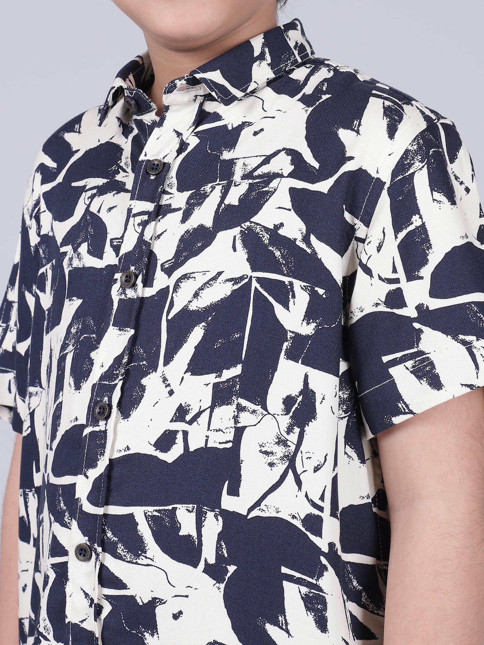 Boys Printed Navy Blue Half Sleeves Spread Collar Casual Shirt - Image 7