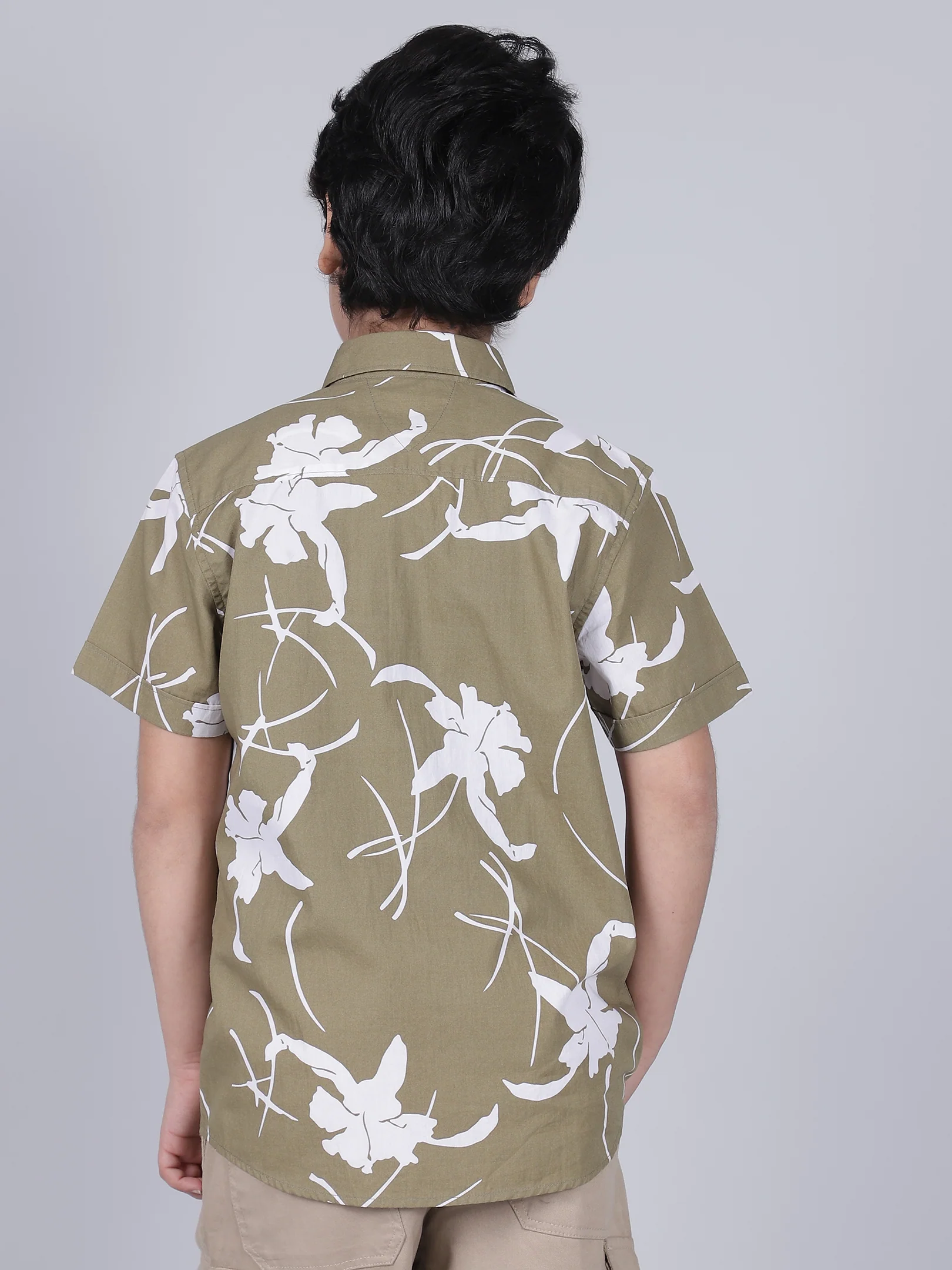 Boys Printed Olive Green Half Sleeves Spread Collar Casual Shirt - Image 3